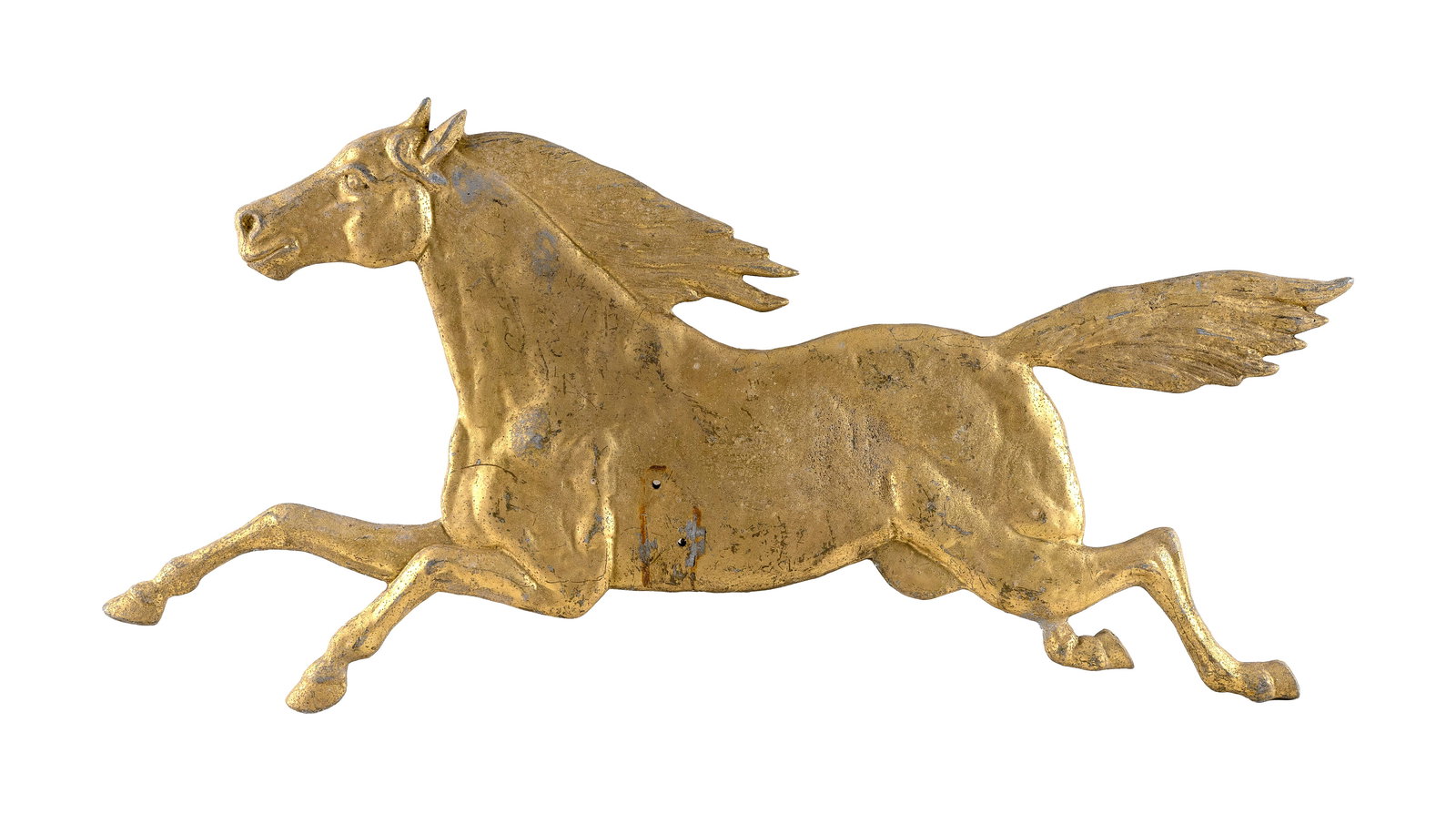 GILT CAST METAL FIGURE OF A RUNNING HORSE 20th Century Height 18". Length 35".: GILT CAST METAL FIGURE OF A RUNNING HORSE 20th Century Solid body. Height 18". Length 35".