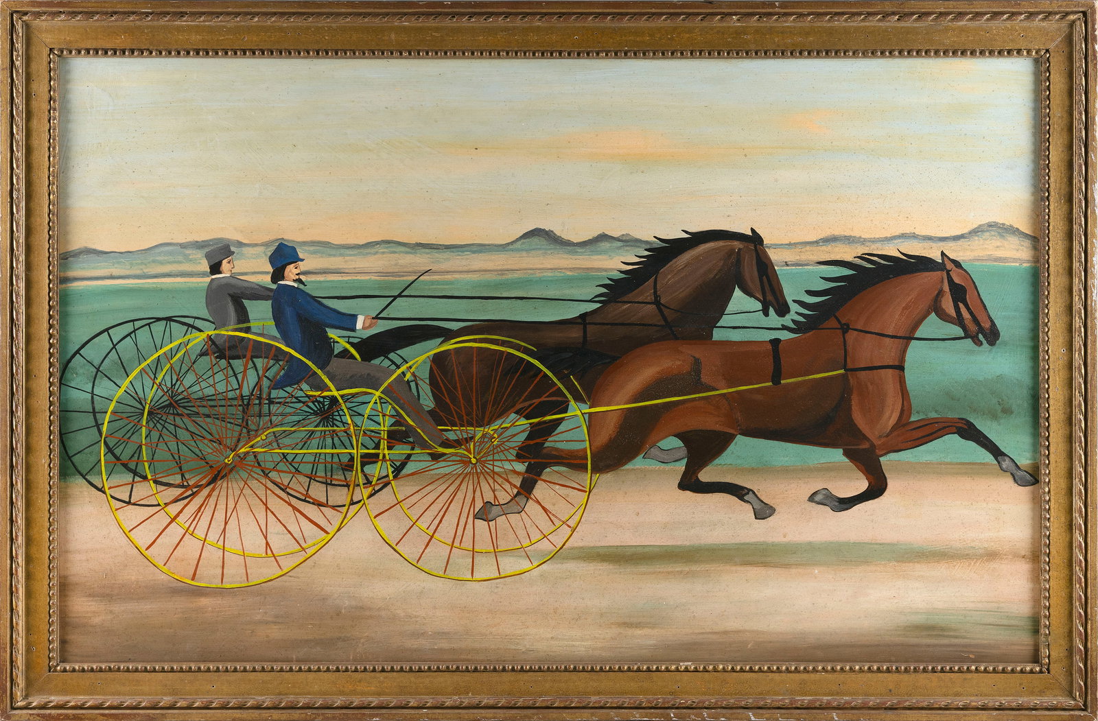 AMERICAN SCHOOL (20th Century,), "Early Morning Contest", depicting a carriage race., Oil on board, (1 of 2)