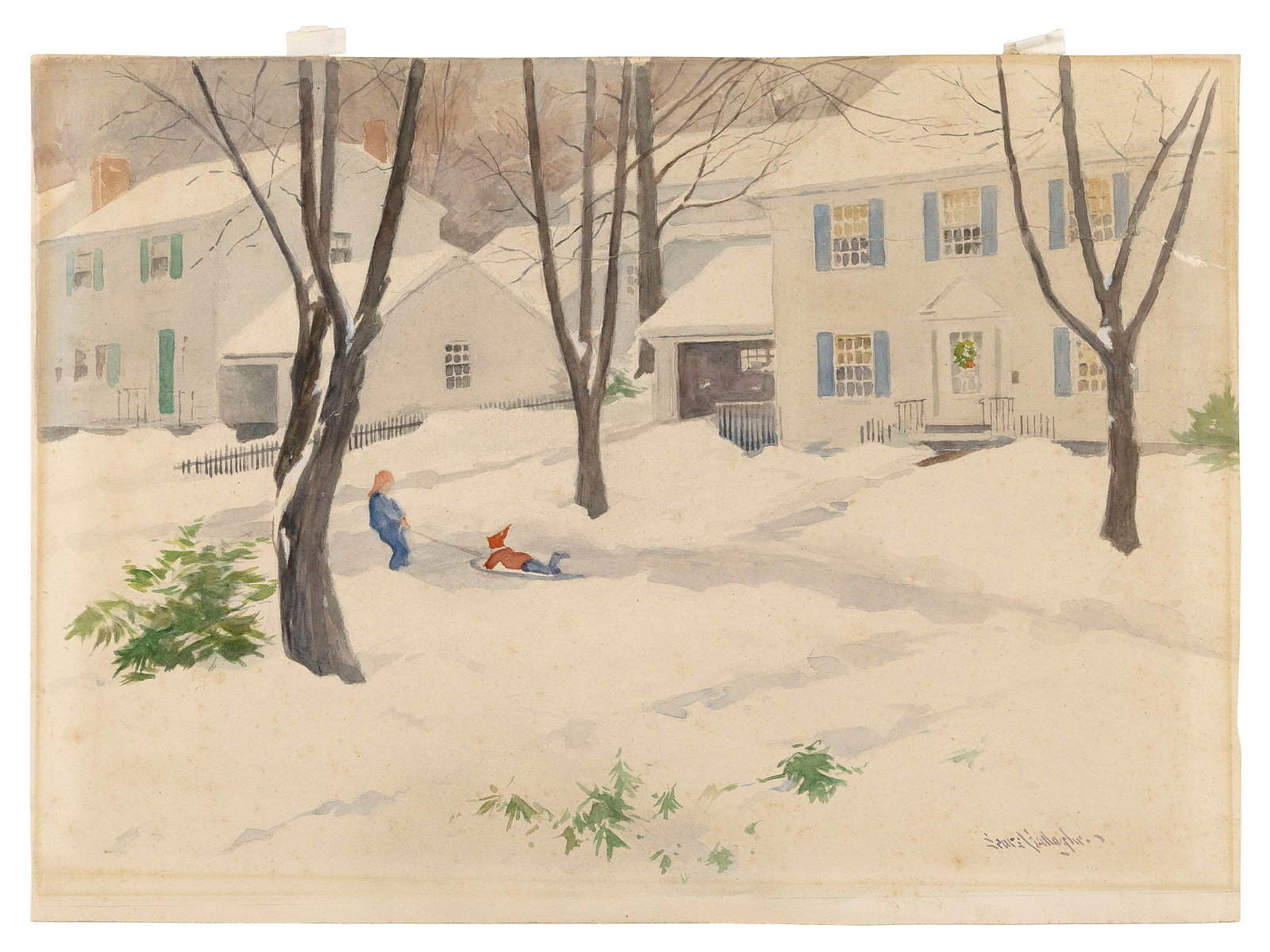 SEARS GALLAGHER (Massachusetts, 1869-1955), Child being pulled in a sled through a neighborhood., (1 of 2)