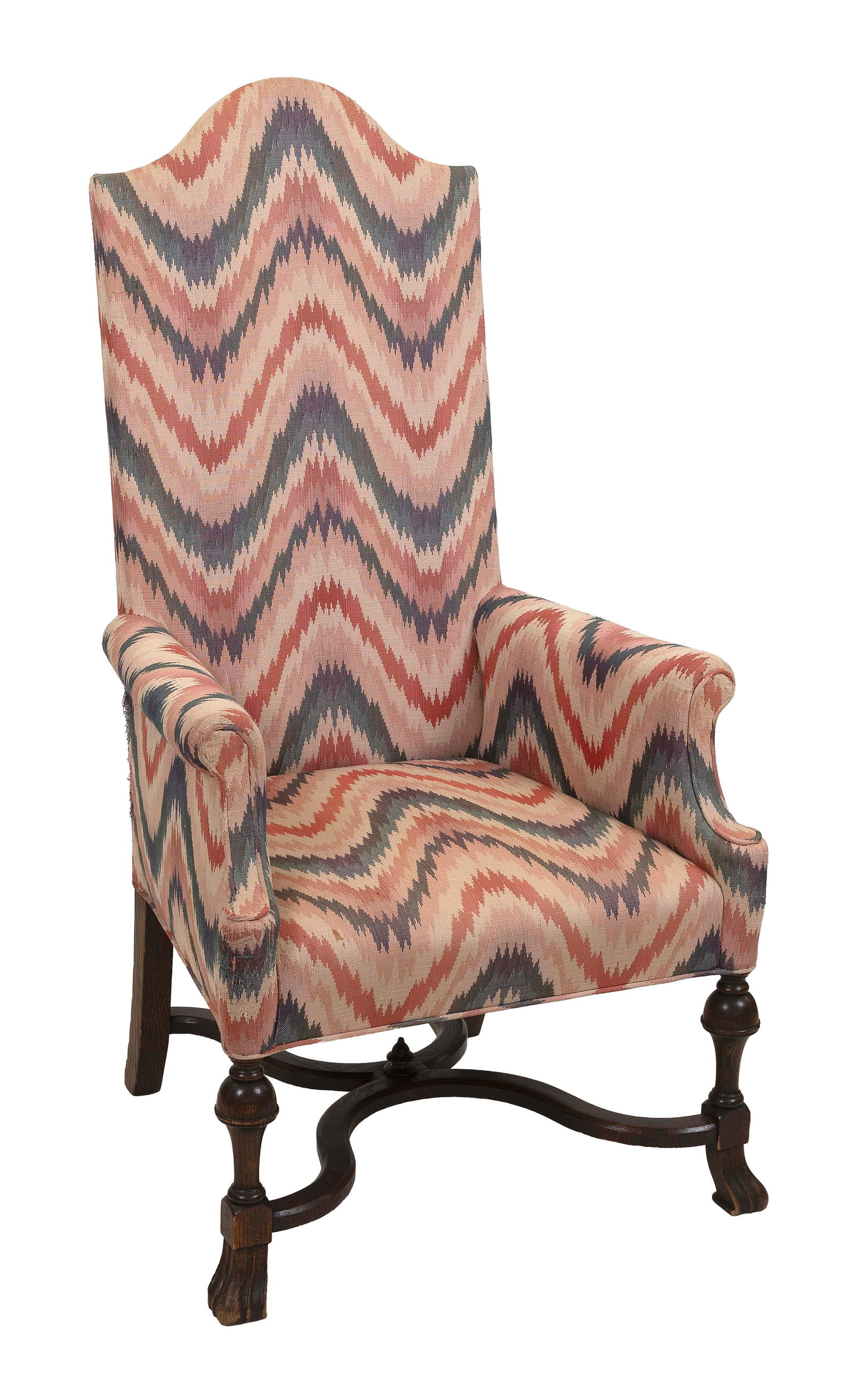 QUEEN ANNE-STYLE UPHOLSTERED ARMCHAIR 19th Century Back height 52". Seat height 18.5".: QUEEN ANNE-STYLE UPHOLSTERED ARMCHAIR 19th Century Walnut frame. Turned legs joined by a cross stretcher and end in Spanish feet. Flamestitch upholstery. Back height 52". Seat height 18.5". Provenance