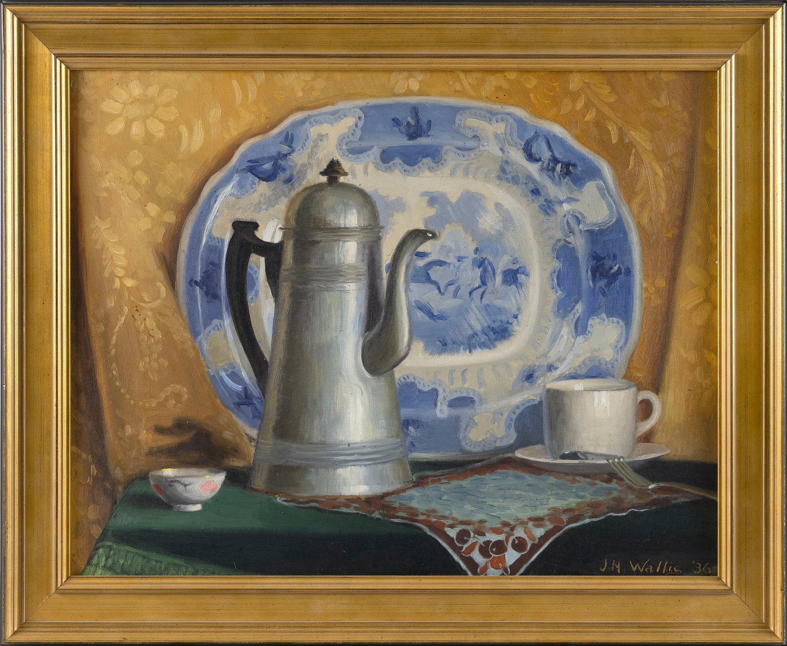 J.N. WALLIS (Circa 1931,), Still life with a coffeepot and ceramics., Oil on canvas board, 16" x: J.N. WALLIS Circa 1931 Still life with a coffeepot and ceramics. Signed and dated lower right "J.N. Wallis 1931". Oil on canvas board, 16" x 20". Framed 19.5" x 23.5".