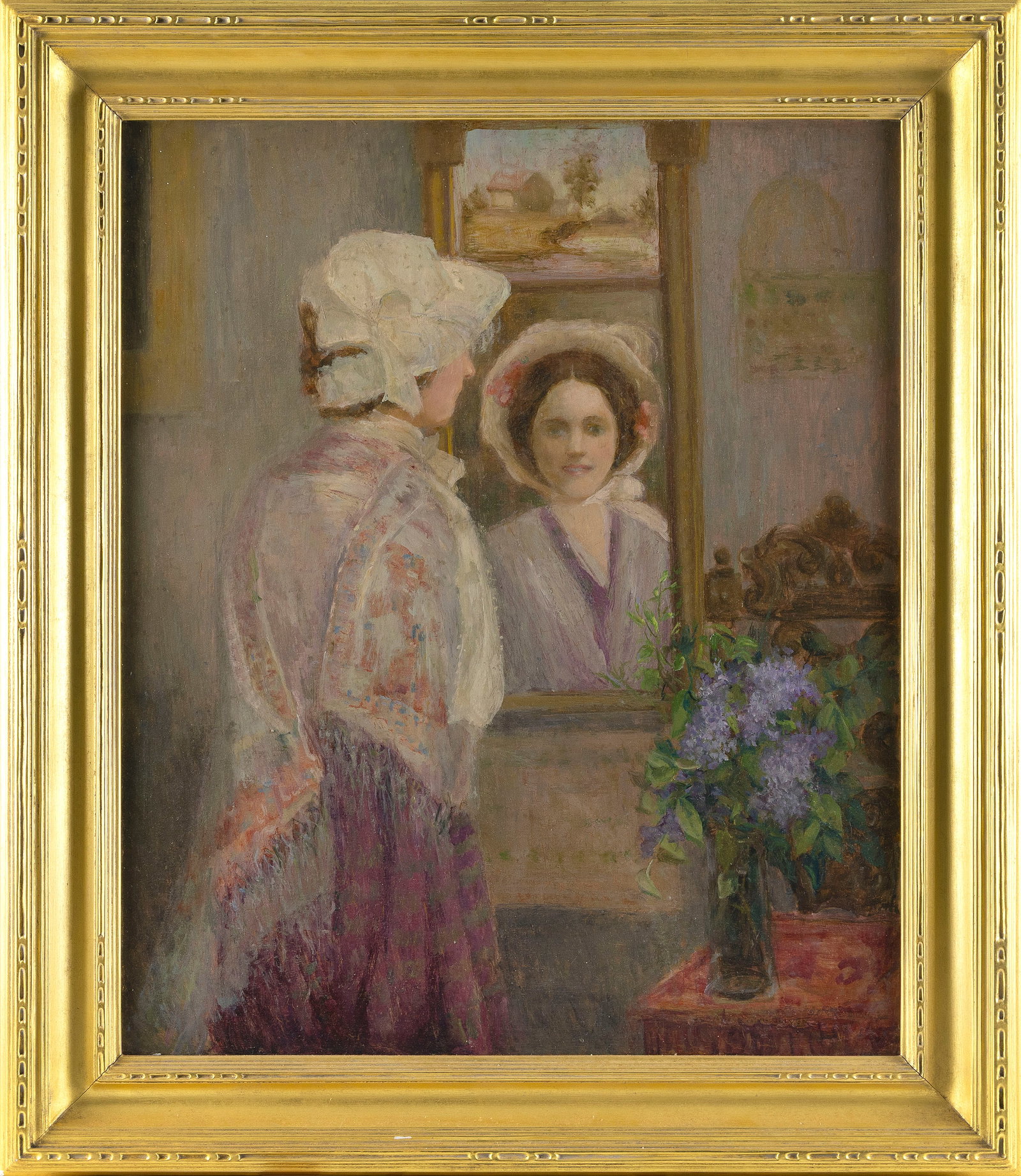 JEAN NUTTING OLIVER (Massachusetts, 1883-1946), Young woman looking at her reflection in a mirror.,: JEAN NUTTING OLIVER Massachusetts, 1883-1946 Young woman looking at her reflection in a mirror. Signed in pencil verso. Oil on board, 29" x 25". Framed 37" x 32".