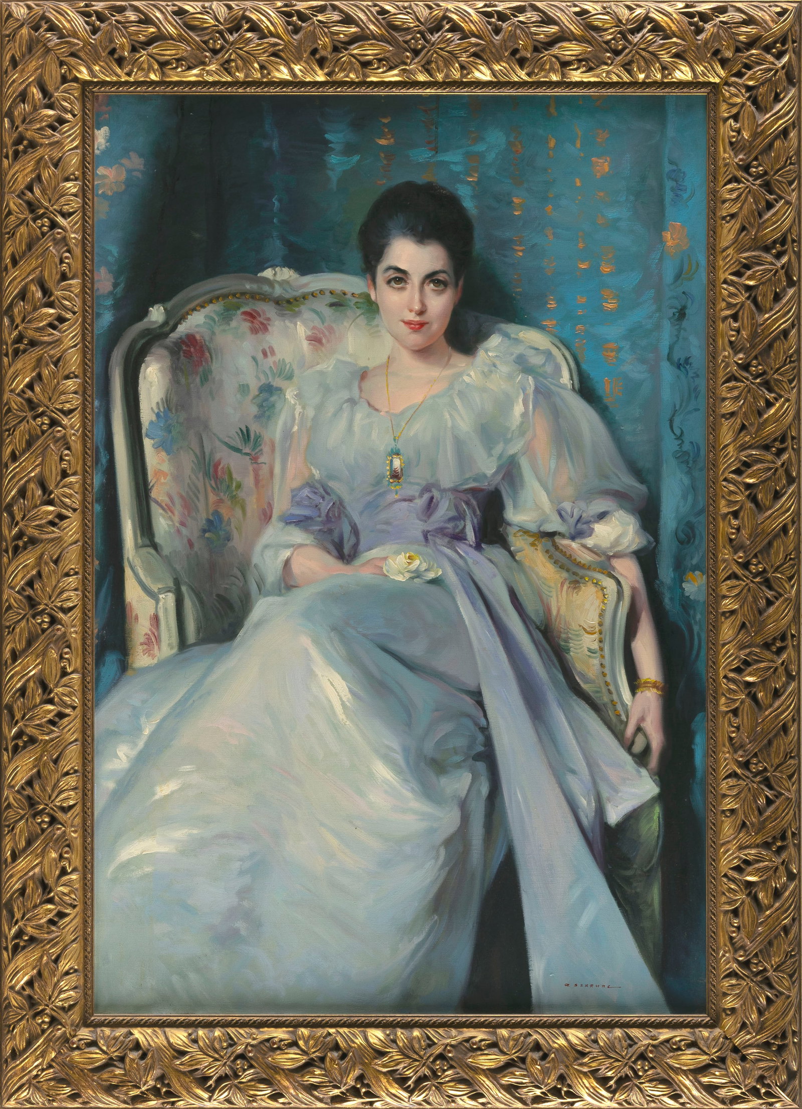 BOSTON SCHOOL (Contemporary,), Portrait of a lady against a blue drape., Oil on canvas, 36" x 24". (1 of 2)