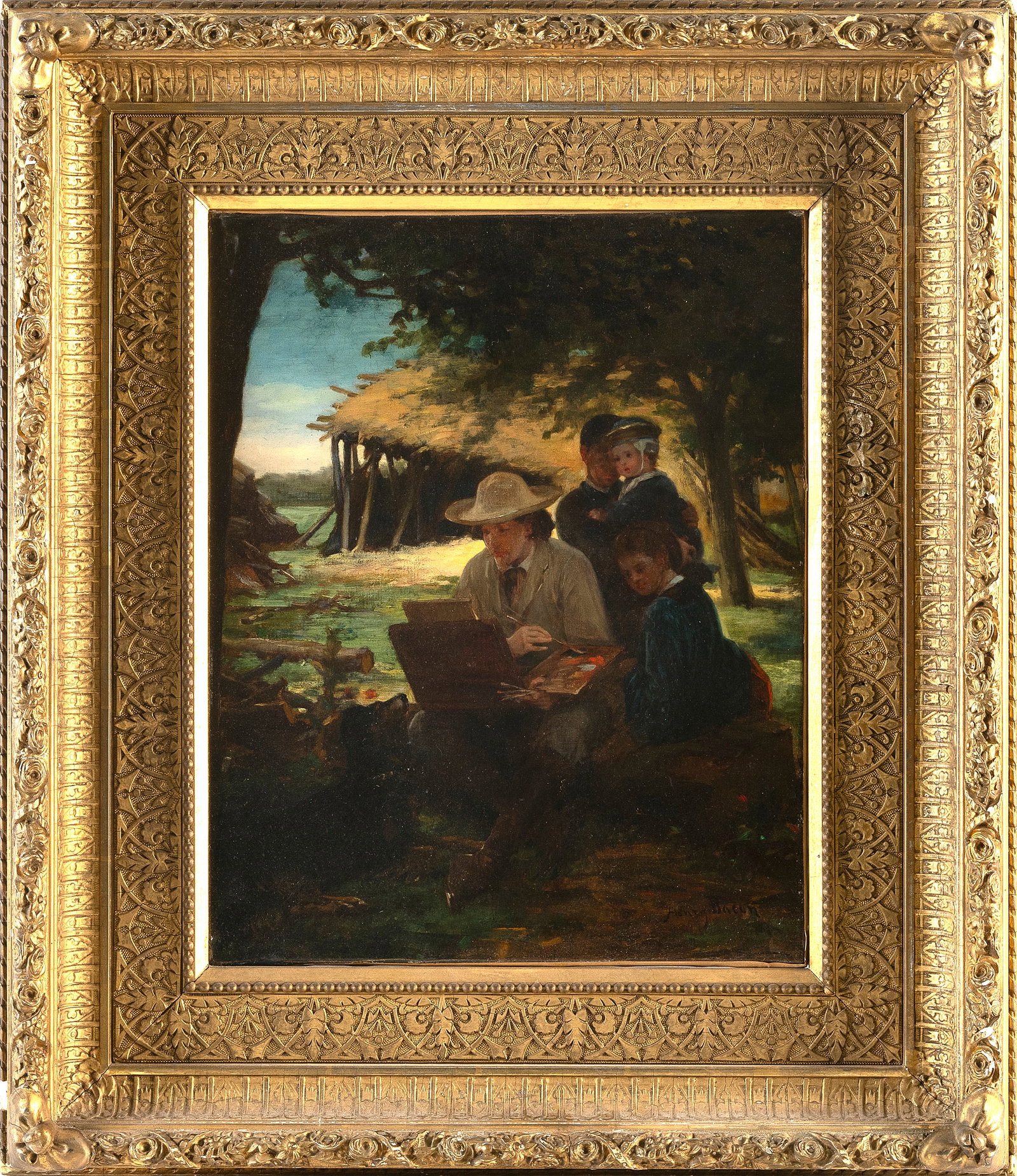 HENRY BACON (Massachusetts/France, 1839-1912), Onlookers observing an artist at his easel., Oil on (1 of 2)