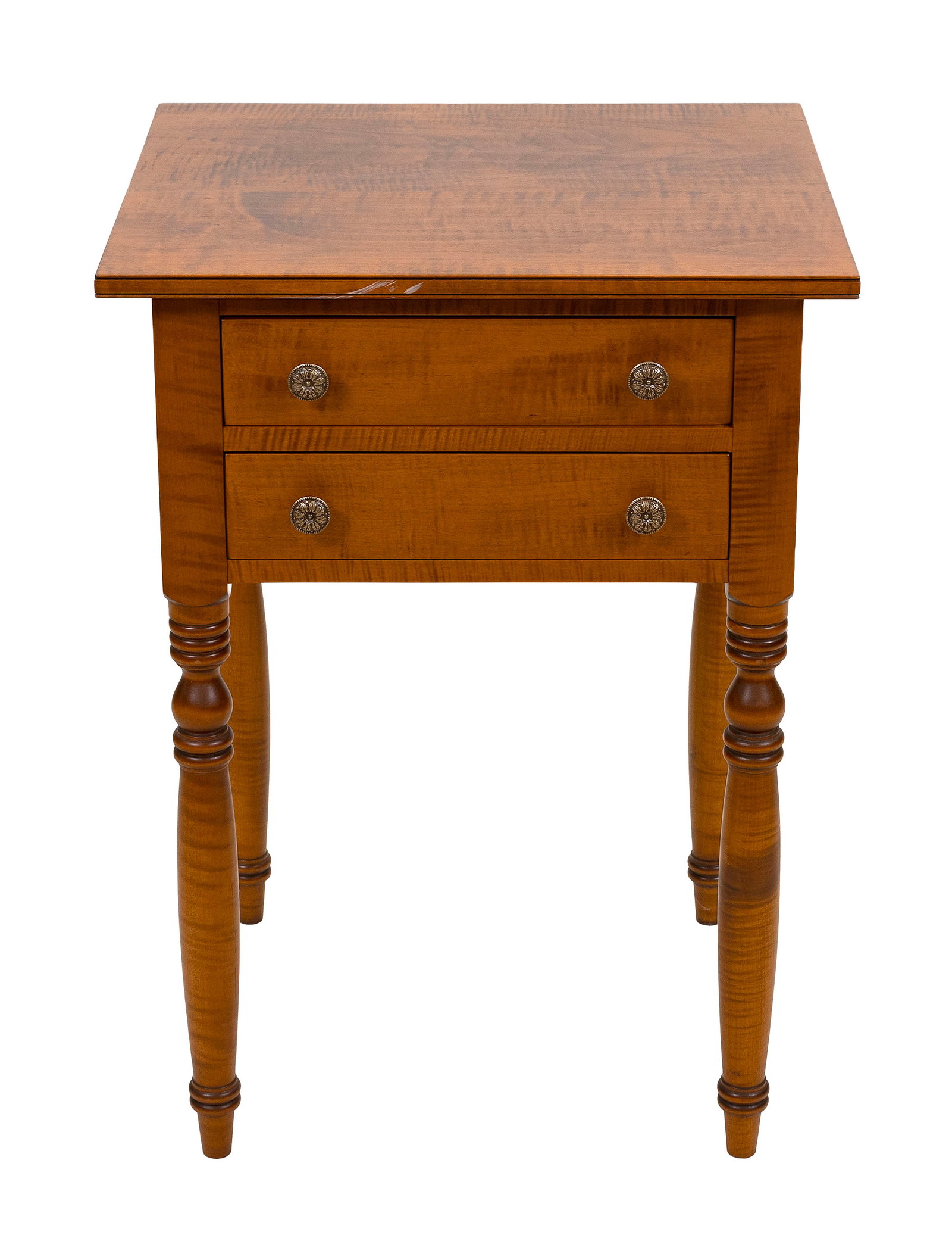 ELDRED WHEELER-STYLE TIGER MAPLE TWO-DRAWER STAND 20th Century Height 30.5". Width 22". Depth 20". (1 of 1)