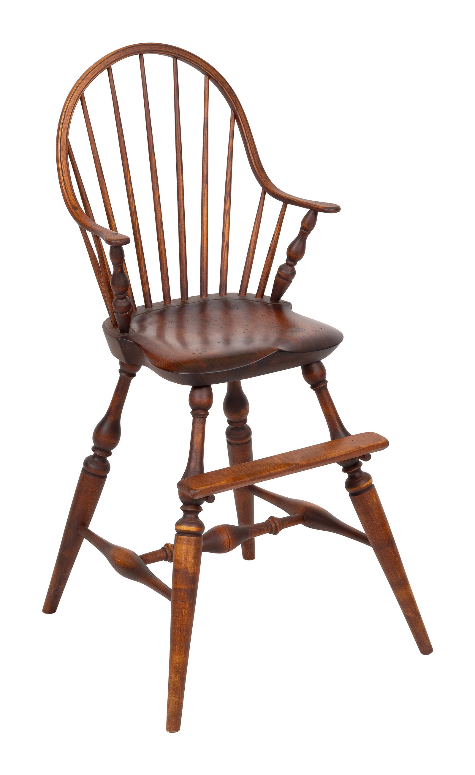 JAMES BROWN WINDSOR YOUTH'S HIGH CHAIR Lincolnville, Maine, 20th Century Back height 37". Seat: JAMES BROWN WINDSOR YOUTH'S HIGH CHAIR Lincolnville, Maine, 20th Century Custom-made in maple. Stamped on underside. Back height 37". Seat height 21".