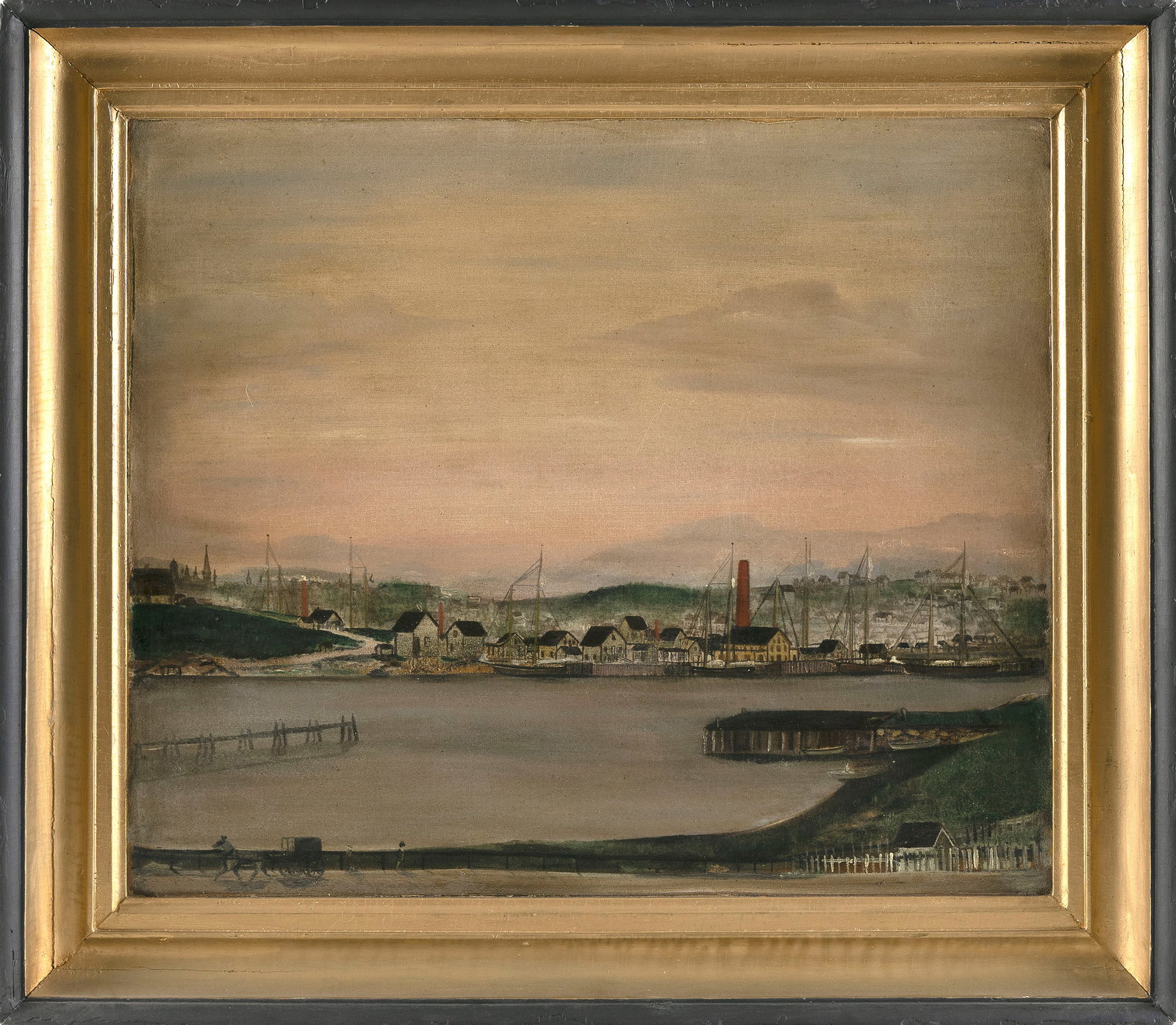 AMERICAN SCHOOL (Late 19th Century,), Primitive view of Rocky Neck, Gloucester, Massachusetts., Oil: AMERICAN SCHOOL Late 19th Century Primitive view of Rocky Neck, Gloucester, Massachusetts. Identified on a label verso as a view of Rocky Neck from across Gloucester Harbor, with Banner Hill on the le
