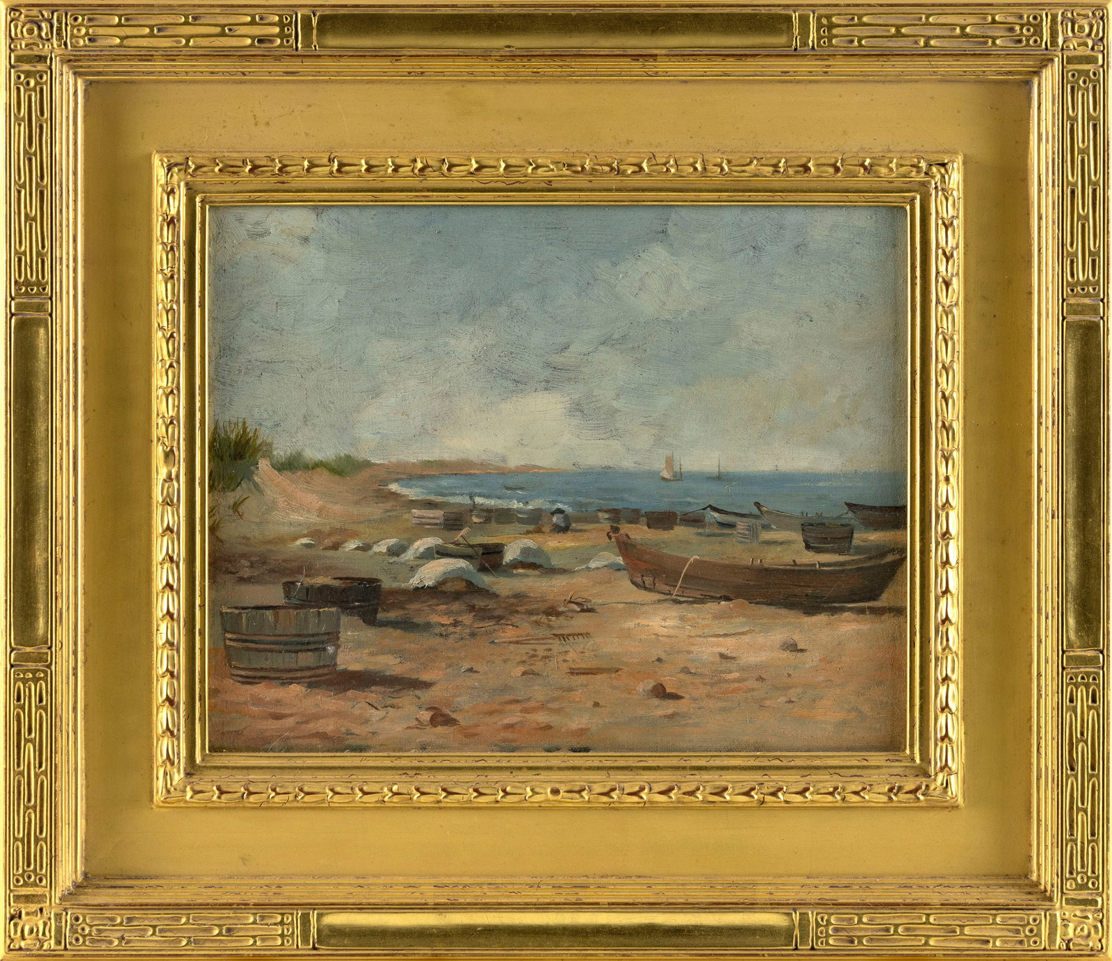 AMERICAN SCHOOL (Early 20th Century,), Beached dory., Oil on canvas, 10" x 12". Framed 16.5" x 19". (1 of 2)