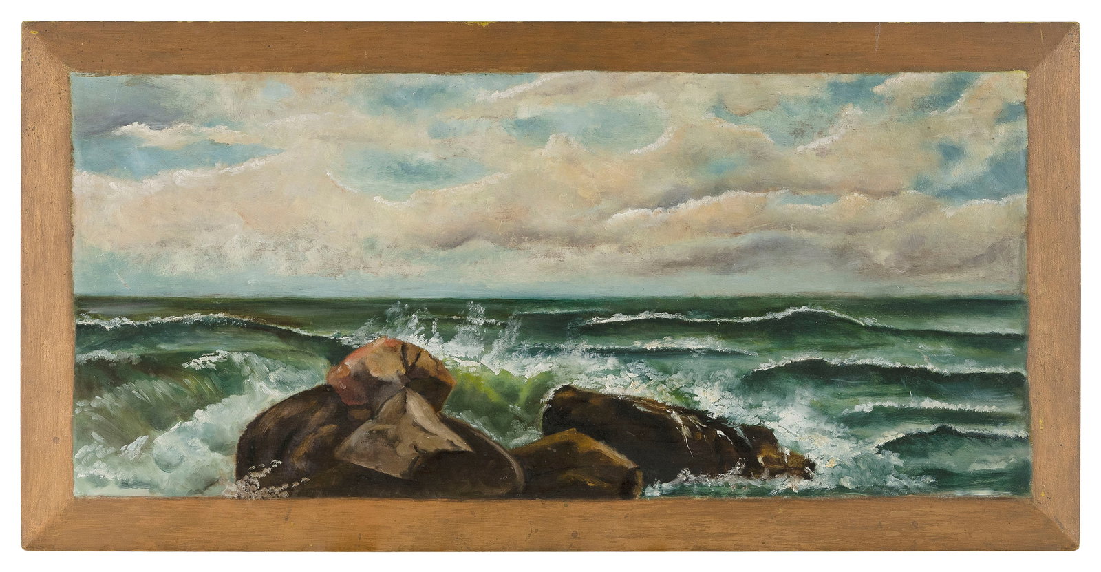 AMERICAN SCHOOL (Early 20th Century,), Seascape., Oil on panel with beveleded edge, 20" x 40". (1 of 2)