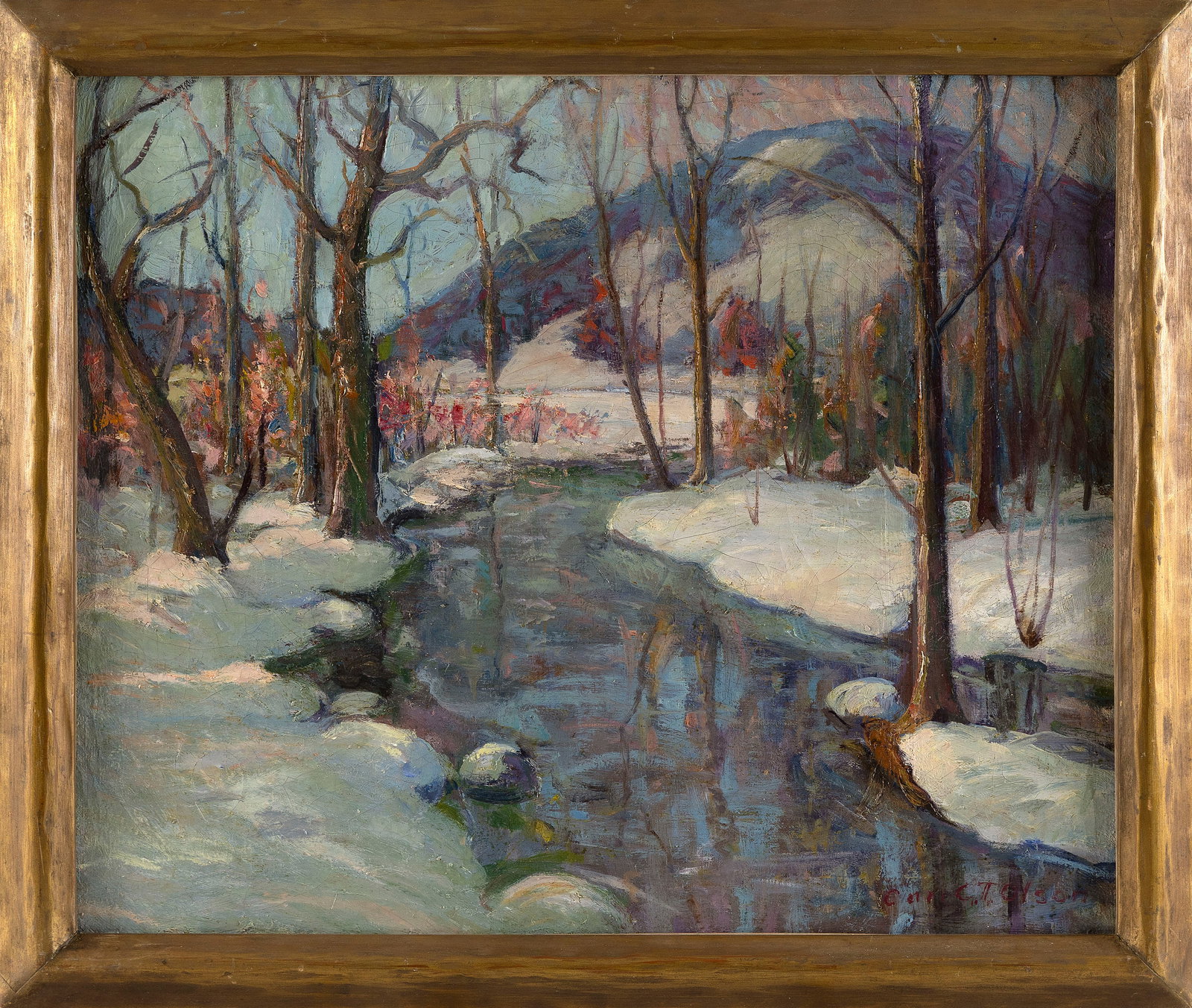 CARL GUSTAF THEODORE OLSON (Massachusetts/Michigan, 1875-1952), Luminous winter landscape with (1 of 2)
