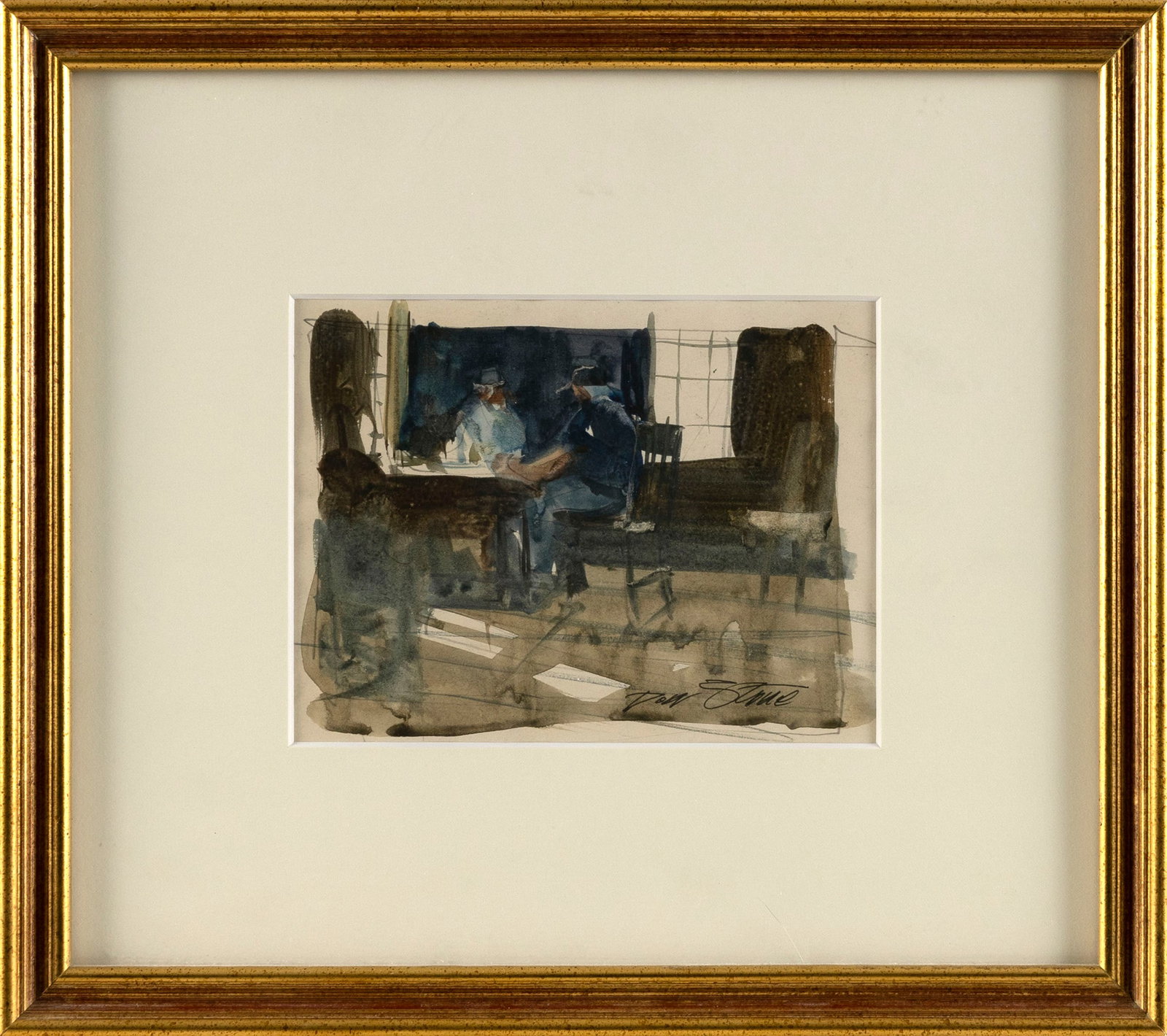 DON STONE (Maine/New Hampshire, 1929-2015), Figures at a table., Watercolor on paper, 4.5" x 6" (1 of 2)