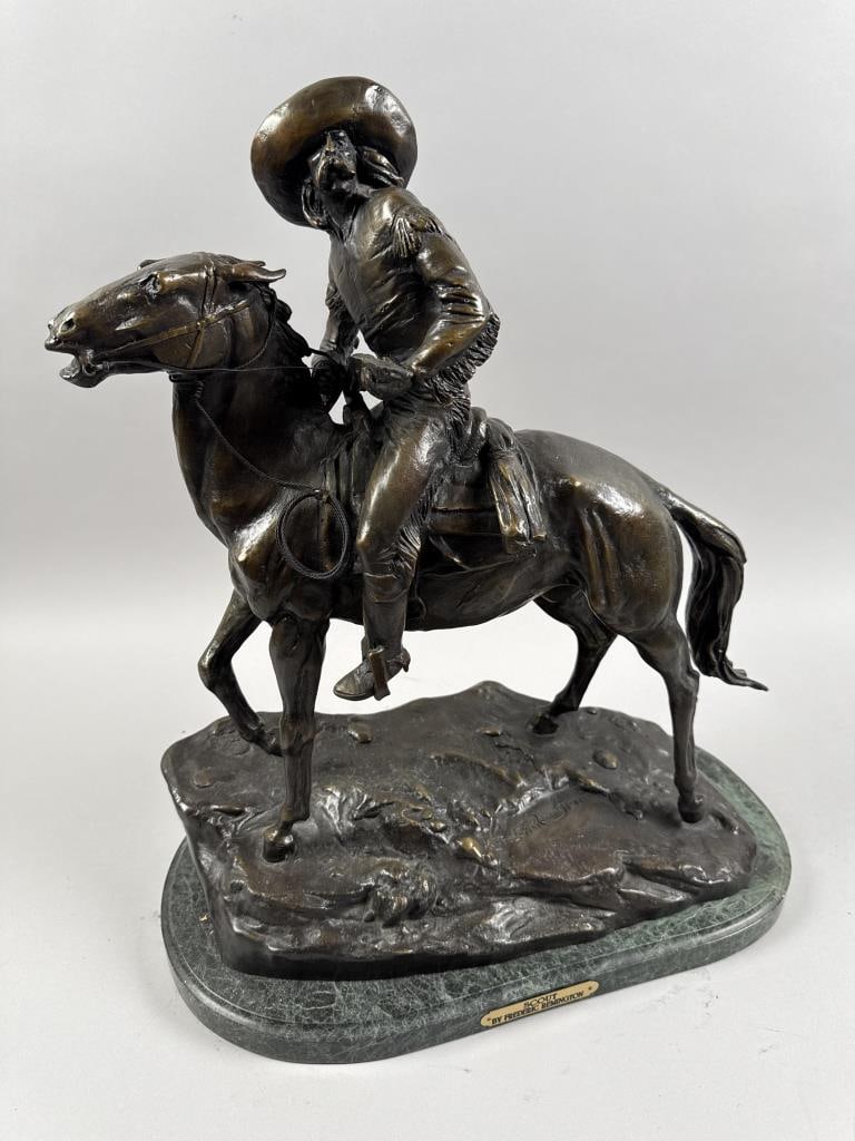 AFTER FREDERICK REMINGTON (20th Century,), "Scout"., Bronze on a green marble base, total height: AFTER FREDERICK REMINGTON 20th Century "Scout". Bronze on a green marble base, total height 22". Width 20". Depth 10.5".
