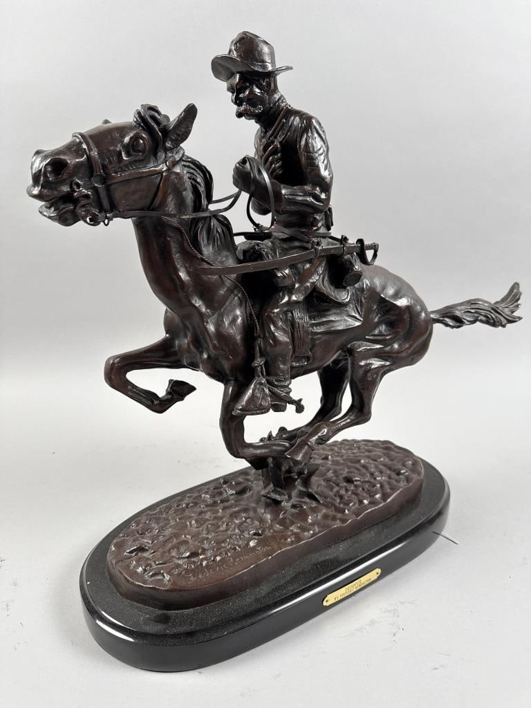 AFTER FREDERICK REMINGTON (20th Century,), "Trooper"., Bronze on a marble base, total height 20.5". (1 of 4)