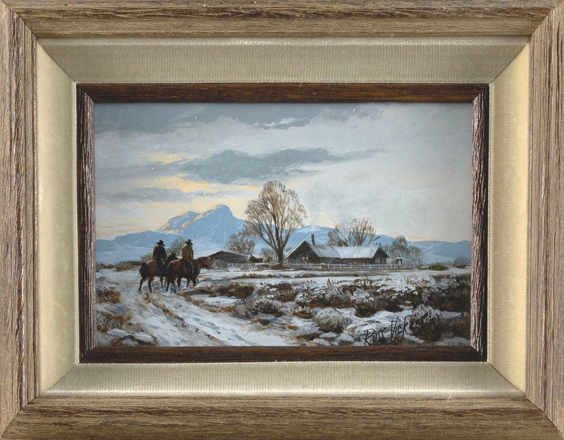 RUSS VICKERS (California/Arizona, 1923-1997), "Saddle Tramps"., Acrylic on board, 4" x 6". Framed 7": RUSS VICKERS California/Arizona, 1923-1997 "Saddle Tramps". Signed lower right "Russ Vickers". Titled in a different hand verso. Label verso for Overland Trail Galleries, Jackson Hole, Wyoming. Acryli