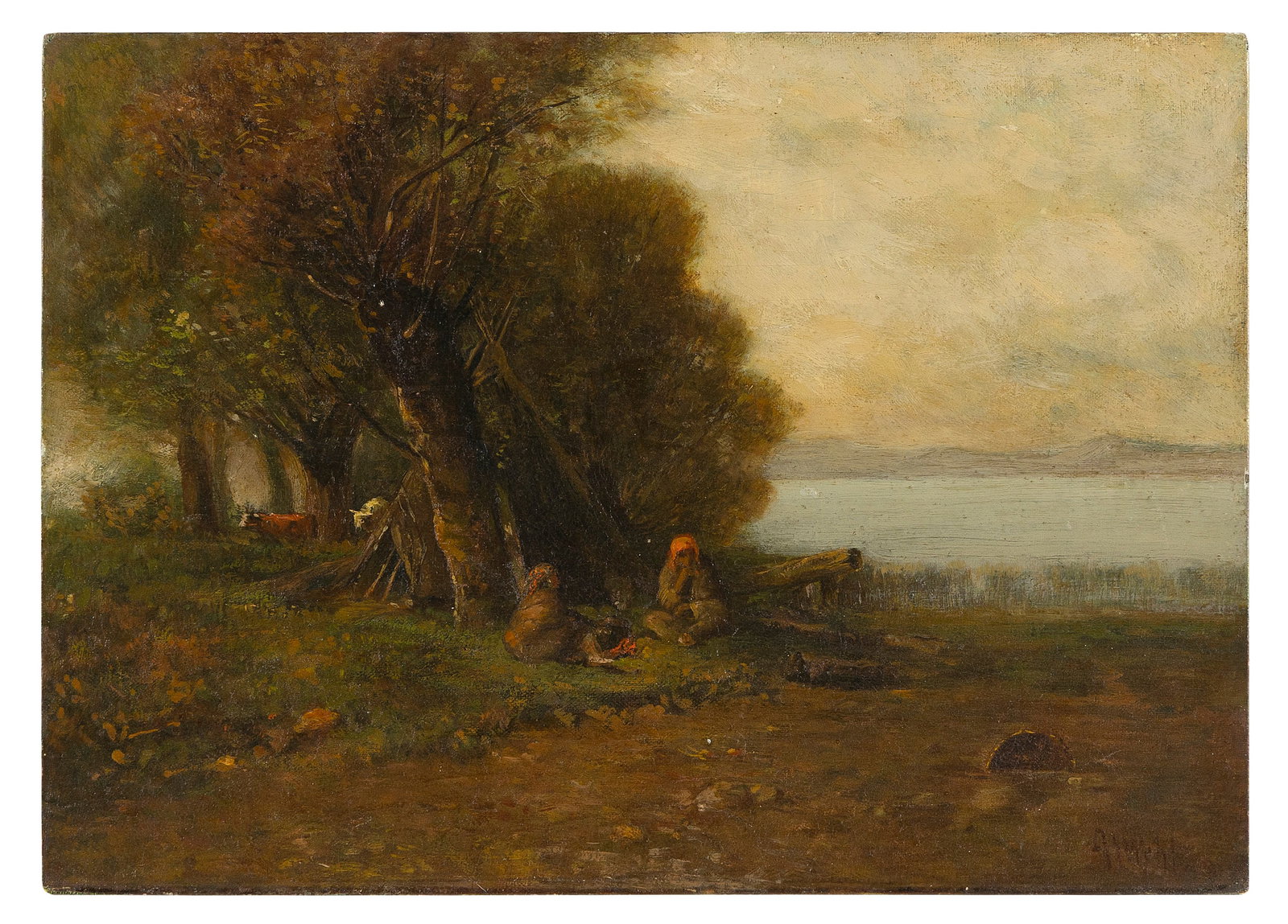 AMERICAN SCHOOL (19th Century,), Indian encampment., Oil on artist board, 10" x 14". Unframed.: AMERICAN SCHOOL 19th Century Indian encampment. Signed illegibly lower right. Oil on artist board, 10" x 14". Unframed.
