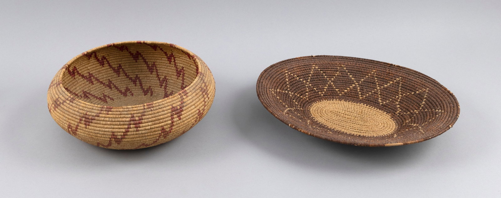 TWO CALIFORNIA MISSION BASKETS 20th Century Lengths 9.5" and 11". (1 of 3)