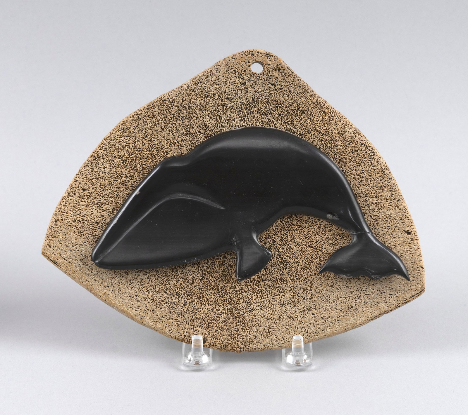 ESKIMO CARVED EBONY AND BONE PLAQUE 20th Century 6" x 7.75". (1 of 2)
