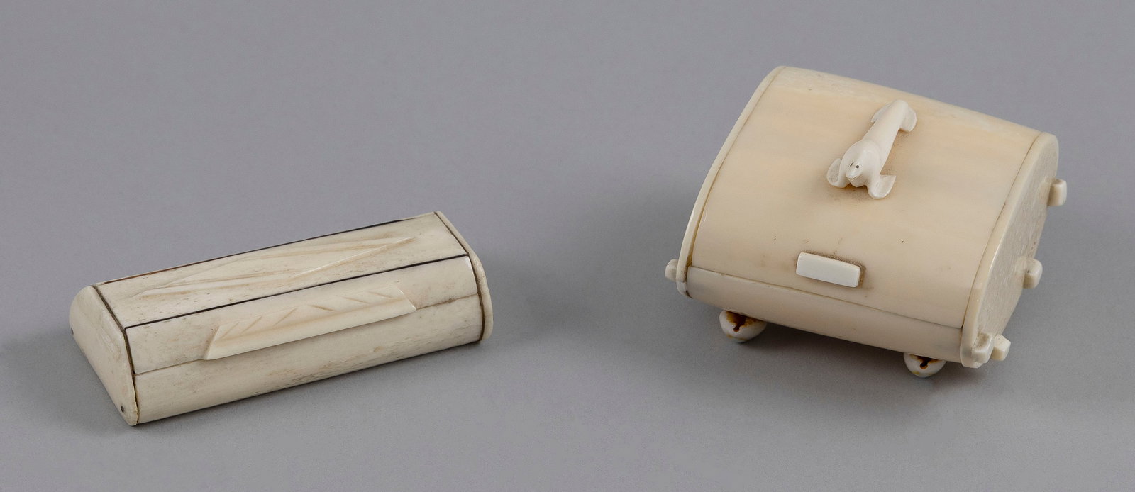 TWO SMALL BOXES 19th/Early 20th Century Heights to 2.25". Lengths to 3.25".: TWO SMALL BOXES 19th/Early 20th Century One carved bone and one Eskimo carved walrus ivory. Heights to 2.25". Lengths to 3.25".