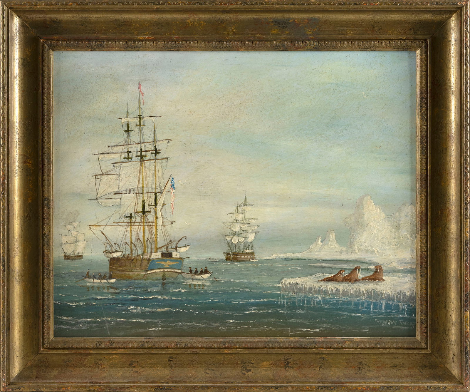 FREDERICK TORDOFF (New Jersey/England, 1939-2022), Whaling in the Arctic., Oil on panel, 16" x 20". (1 of 2)
