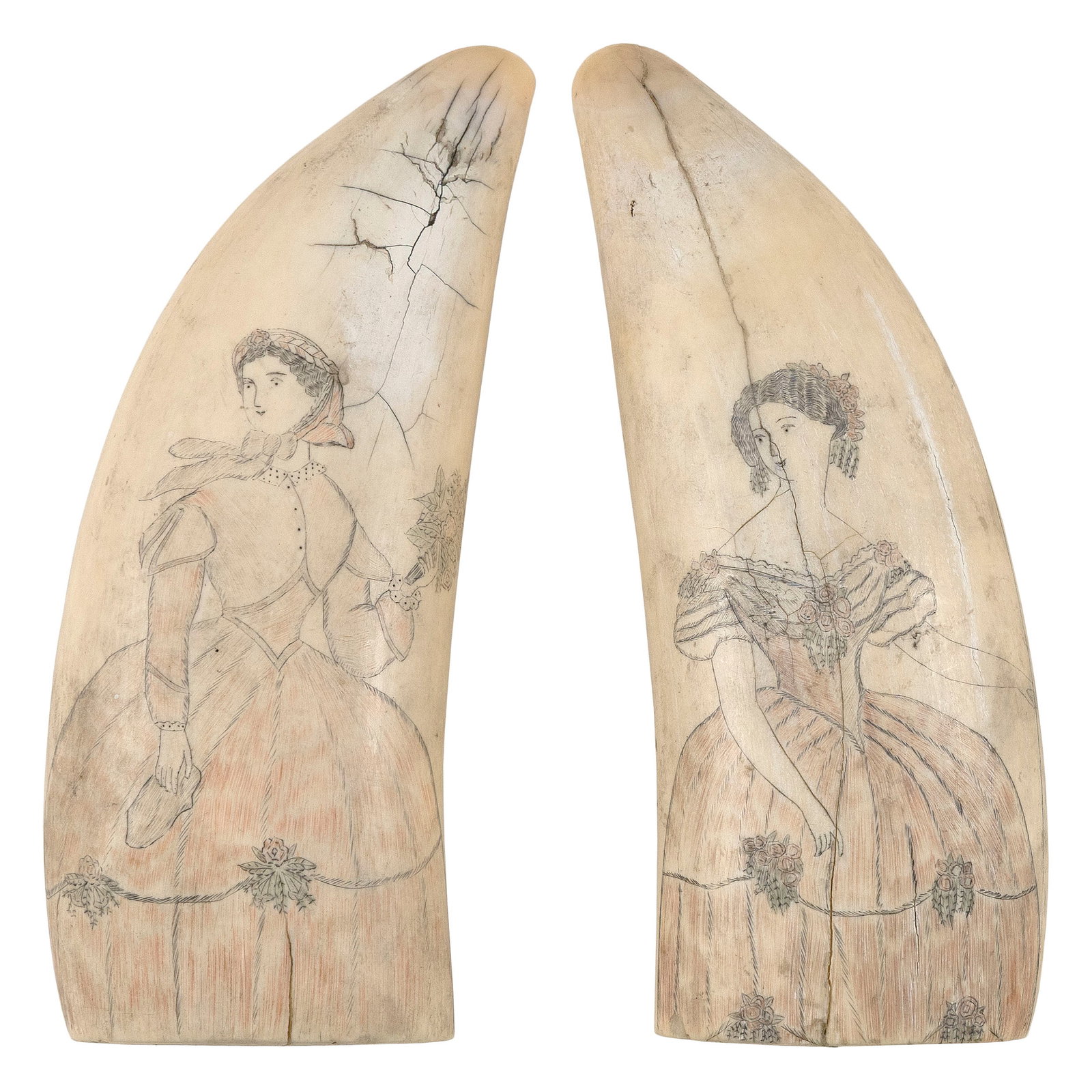 PAIR OF POLYCHROME SCRIMSHAW WHALE'S TEETH WITH PORTRAITS OF LADIES 19th Century Lengths 6.25". (1 of 2)