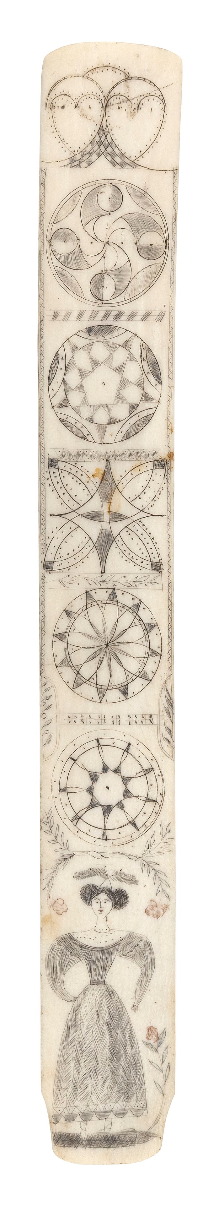 POLYCHROME SCRIMSHAW WHALEBONE BUSK 19th Century Length 13". (1 of 2)
