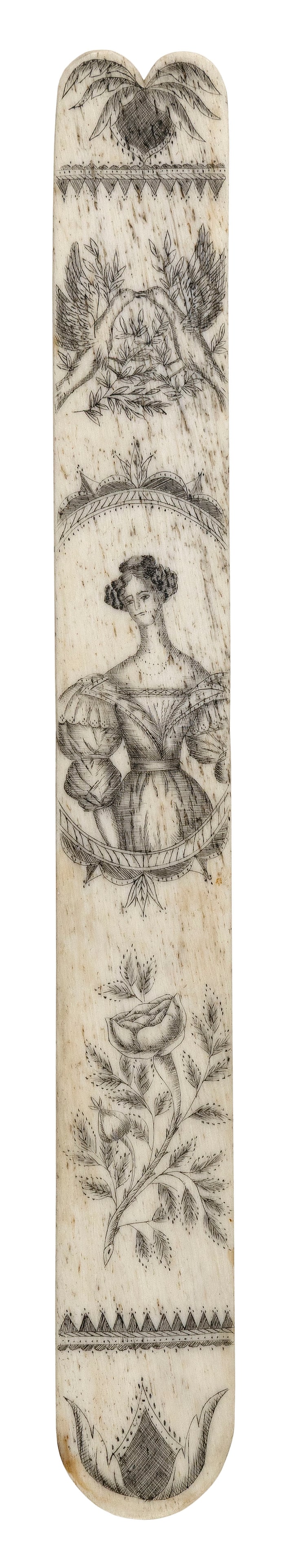 SCRIMSHAW WHALEBONE BUSK IN THE MANNER OF THE BANKNOTE ENGRAVER 20th Century Length 12".: SCRIMSHAW WHALEBONE BUSK IN THE MANNER OF THE BANKNOTE ENGRAVER 20th Century Depicts a pair of lovebirds, sprigs of roses, and an oval portrait medallion of a woman wearing a puffy-sleeve dress. Fancy