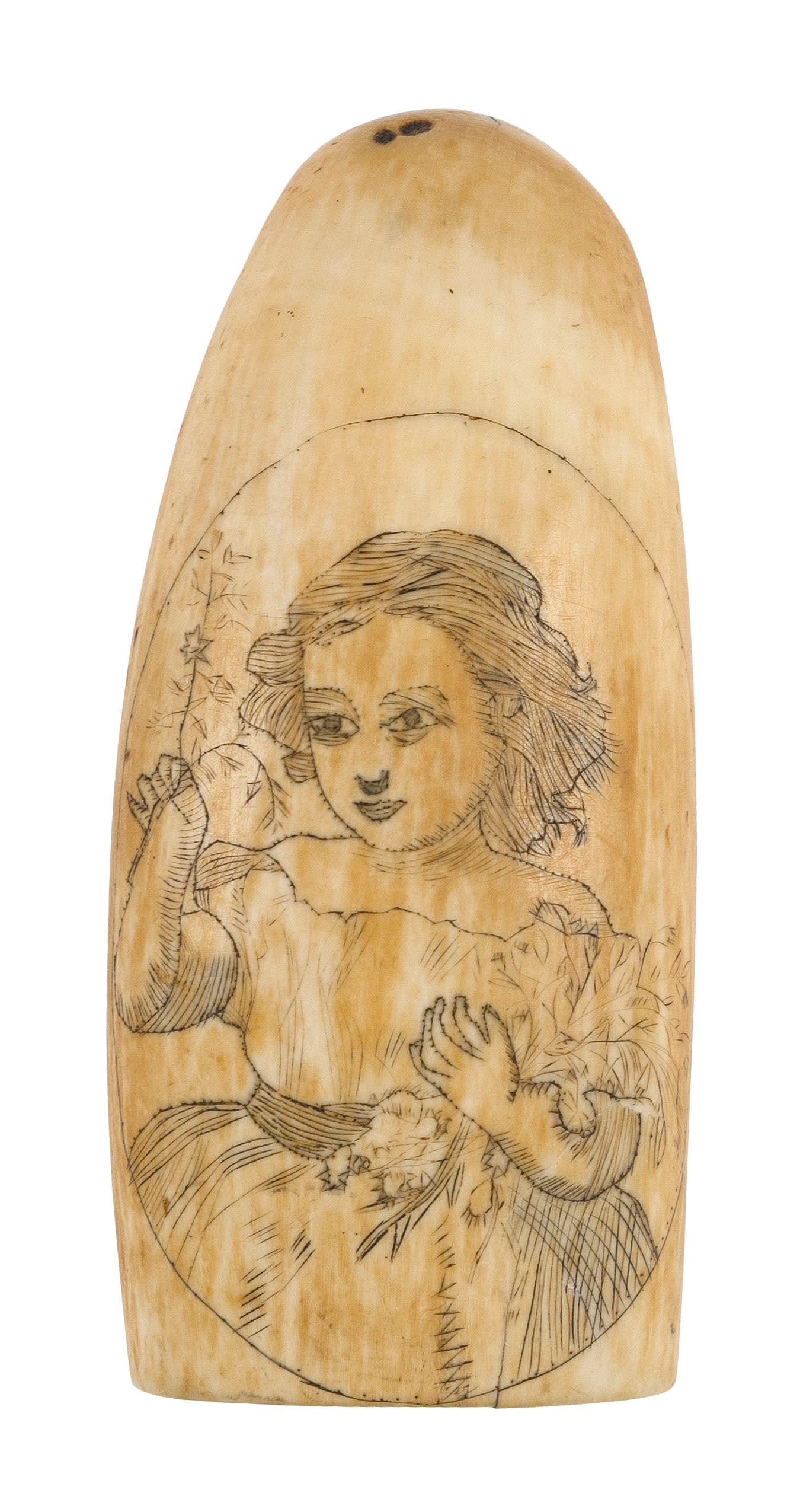 SCRIMSHAW WHALE'S TOOTH WITH PORTRAIT OF A GIRL 19th Century Length 4.25". (1 of 2)