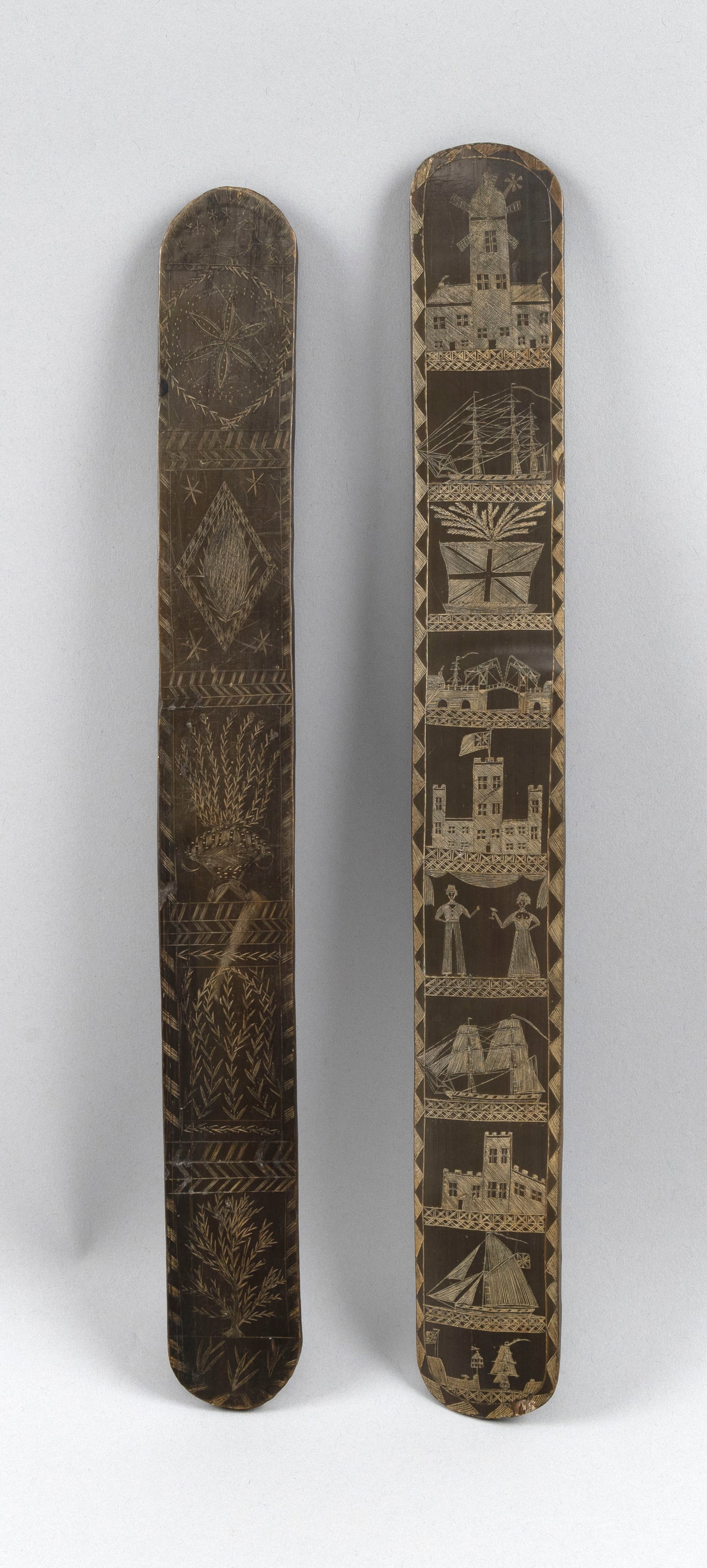 TWO SCRIMSHAW BALEEN BUSKS 19th Century Lengths 14.5" and 15". (1 of 2)