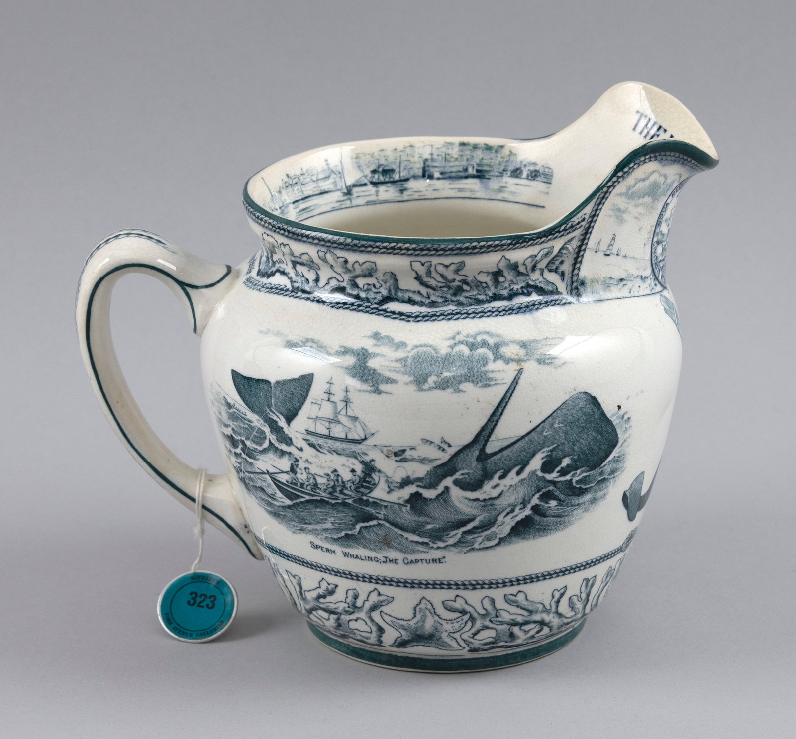 BUFFALO POTTERY TRANSFERWARE PITCHER Dated 1908 Height 6.5". (1 of 7)