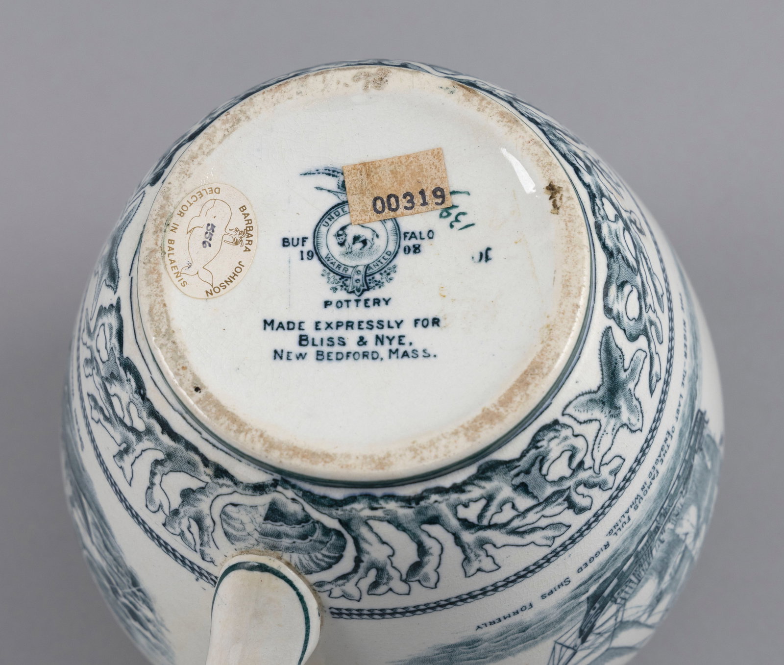 BUFFALO POTTERY TRANSFERWARE PITCHER Dated 1908 Height 6.5". - 7
