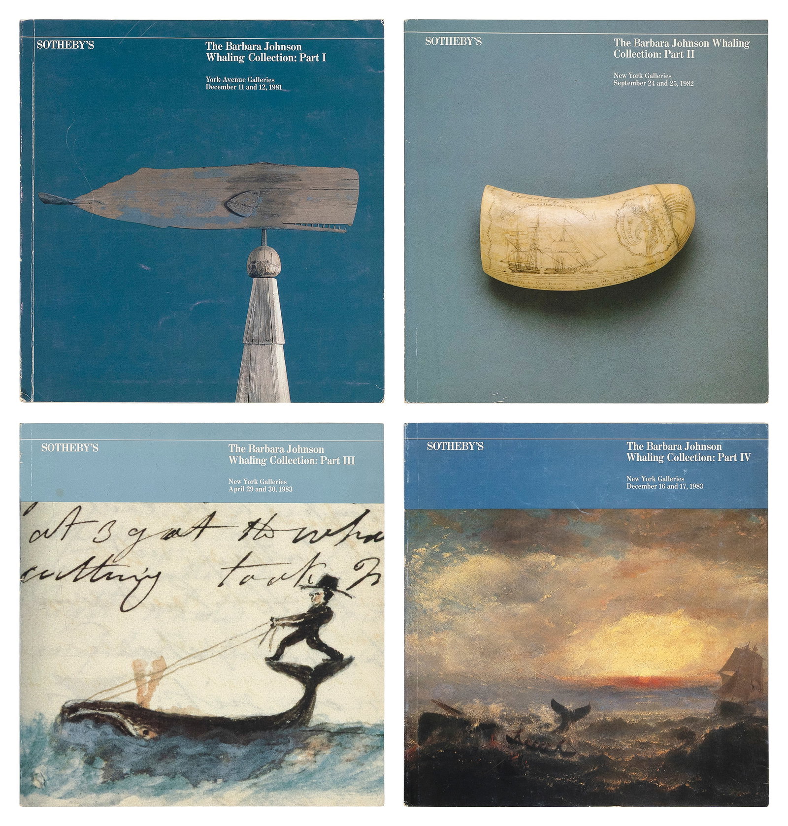 SET OF FOUR BARBARA JOHNSON WHALING COLLECTION AUCTION CATALOGS 9.25" x 8.75".: SET OF FOUR BARBARA JOHNSON WHALING COLLECTION AUCTION CATALOGS Parts I, II, III and IV of the Sotheby's auctions held in New York from December 1981 through December 1983. Clean copies with prices re
