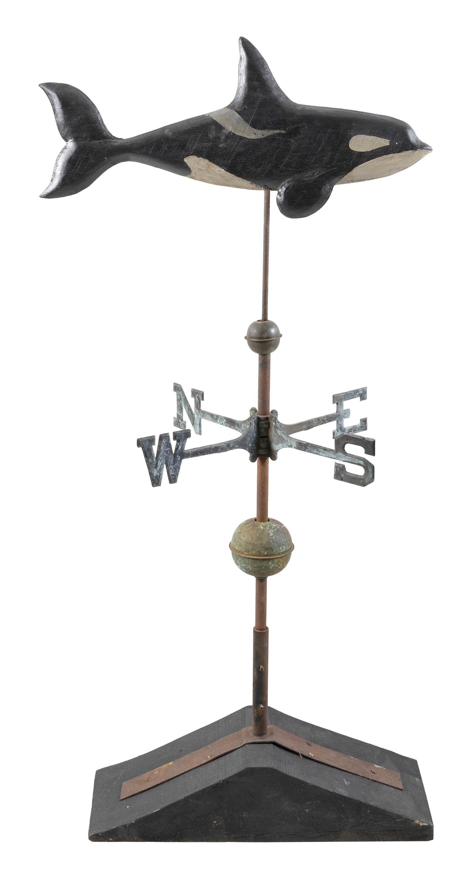 ROGER MITCHELL CARVED WOODEN ORCA WEATHER VANE Massachusetts, Contemporary Height 52.5". Length 24". (1 of 2)