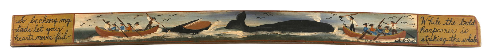 SALLY NOLAN (Massachusetts, Contemporary), Barrel stave with painted decoration of a whaling scene., (1 of 2)