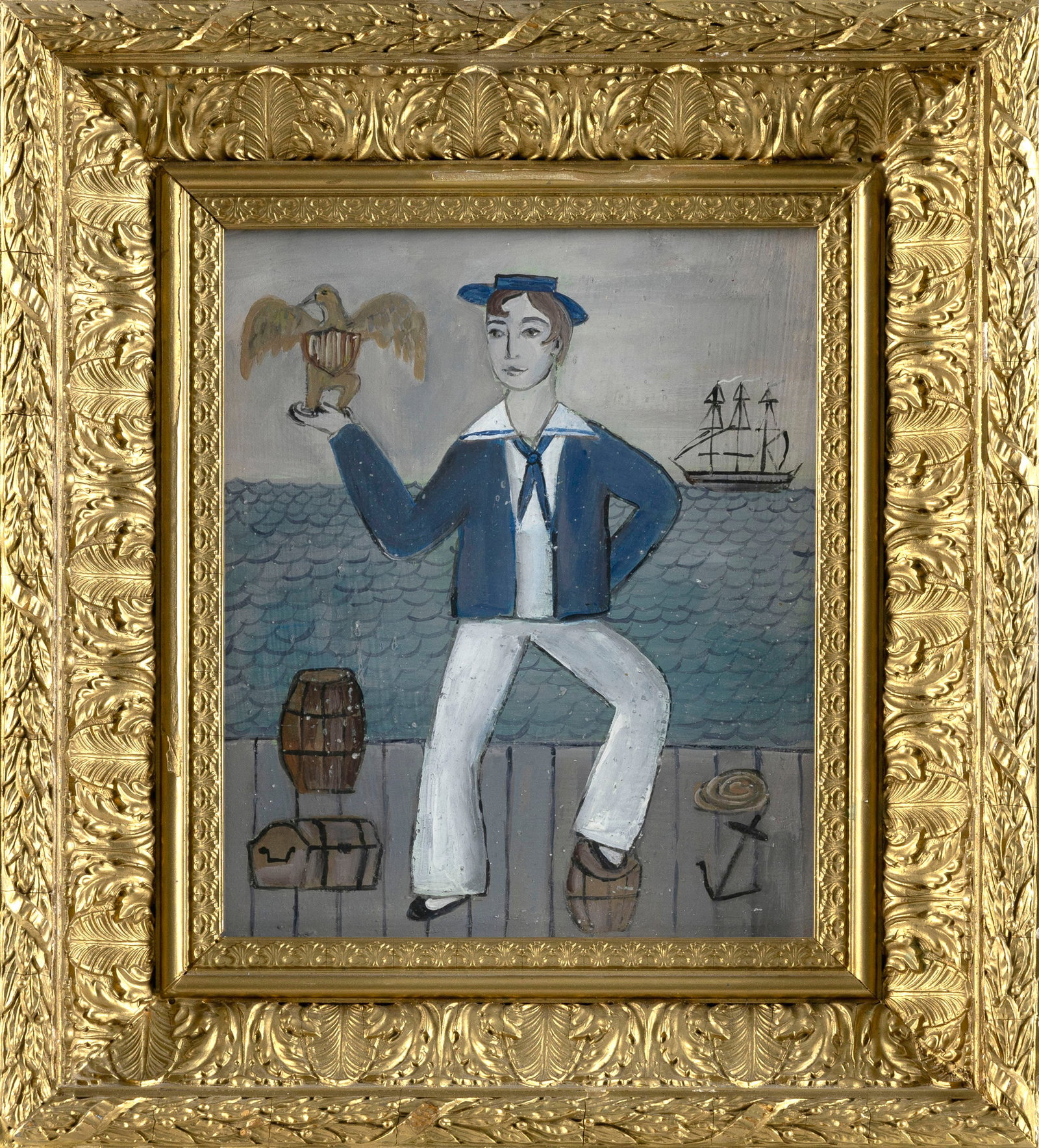 MELINDA KIRKPATRICK (Massachusetts, Contemporary), Nantucket folk art scene of a sailor balancing an (1 of 2)