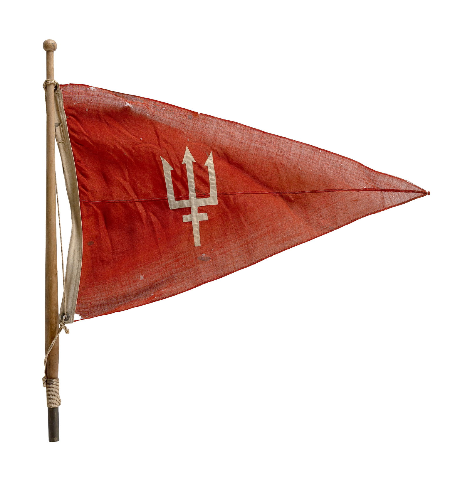 YACHT BURGEE ON POLE Early 20th Century Burgee length 33". Pole height 37.75".: YACHT BURGEE ON POLE Early 20th Century Burgee with a white trident on a red field. Wood pole with brass fittings. Burgee length 33". Pole height 37.75".