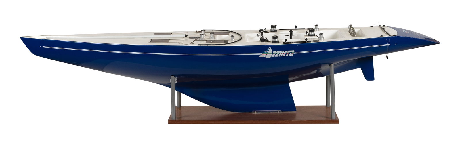 MODEL OF THE 12-METER YACHT "AZZURRA" Circa 1983 Height 115". Length 78". Width 15".: MODEL OF THE 12-METER YACHT "AZZURRA" Circa 1983 The Azzurra raced under the Italian Yacht Club Costa Smeralda in 1983 America's Cup trials. Blue fiberglass hull and white deck. Lettered "Yacht Club C