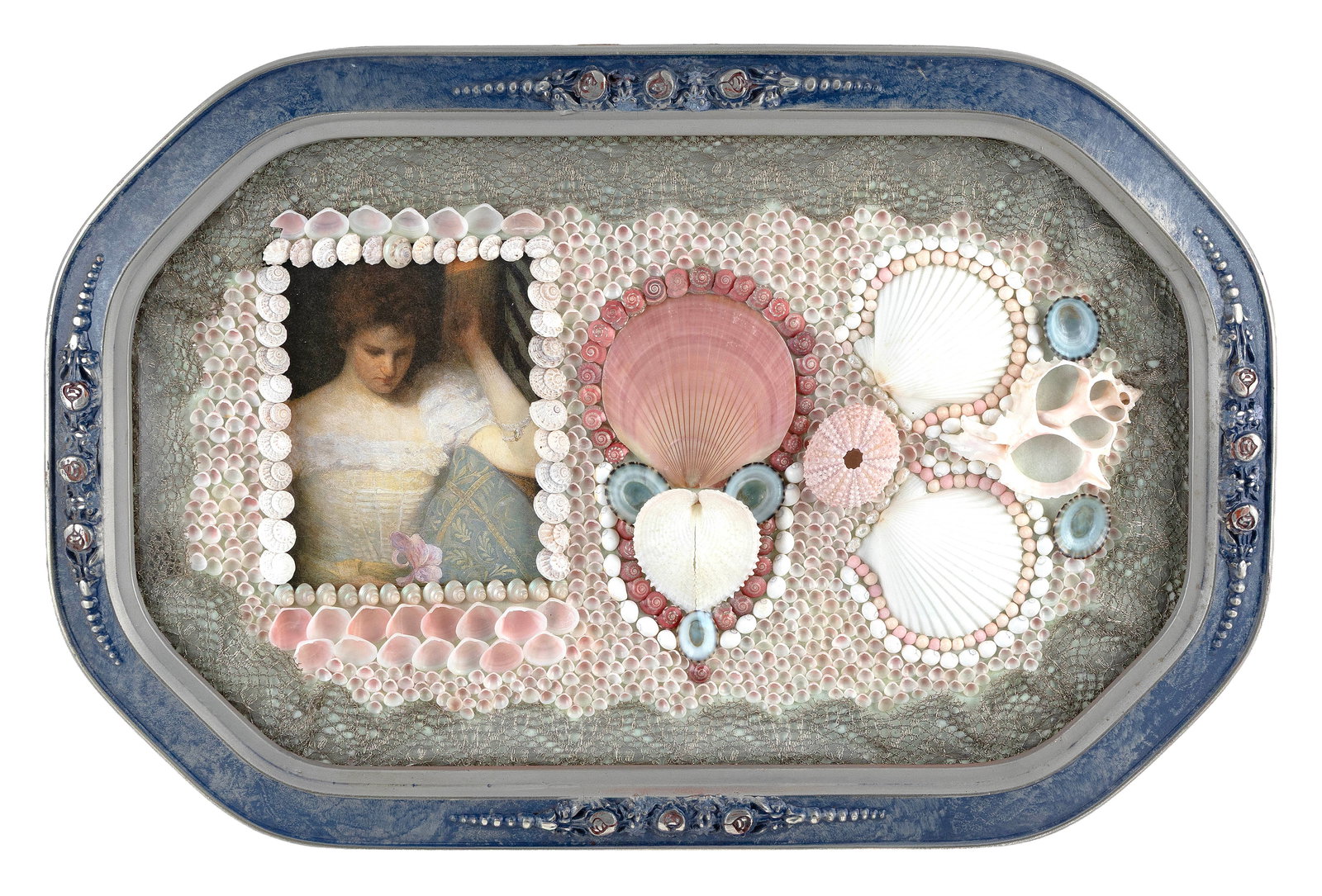 CONTEMPORARY SAILOR'S VALENTINE BY LYNDA SUSAN HENNIGAN Connecticut, 1951-2025 12" x 17.75".: CONTEMPORARY SAILOR'S VALENTINE BY LYNDA SUSAN HENNIGAN Connecticut, 1951-2025 Composed of multicolored shells in geometric designs surrounding a portrait print of a young woman. Signed and dated vers