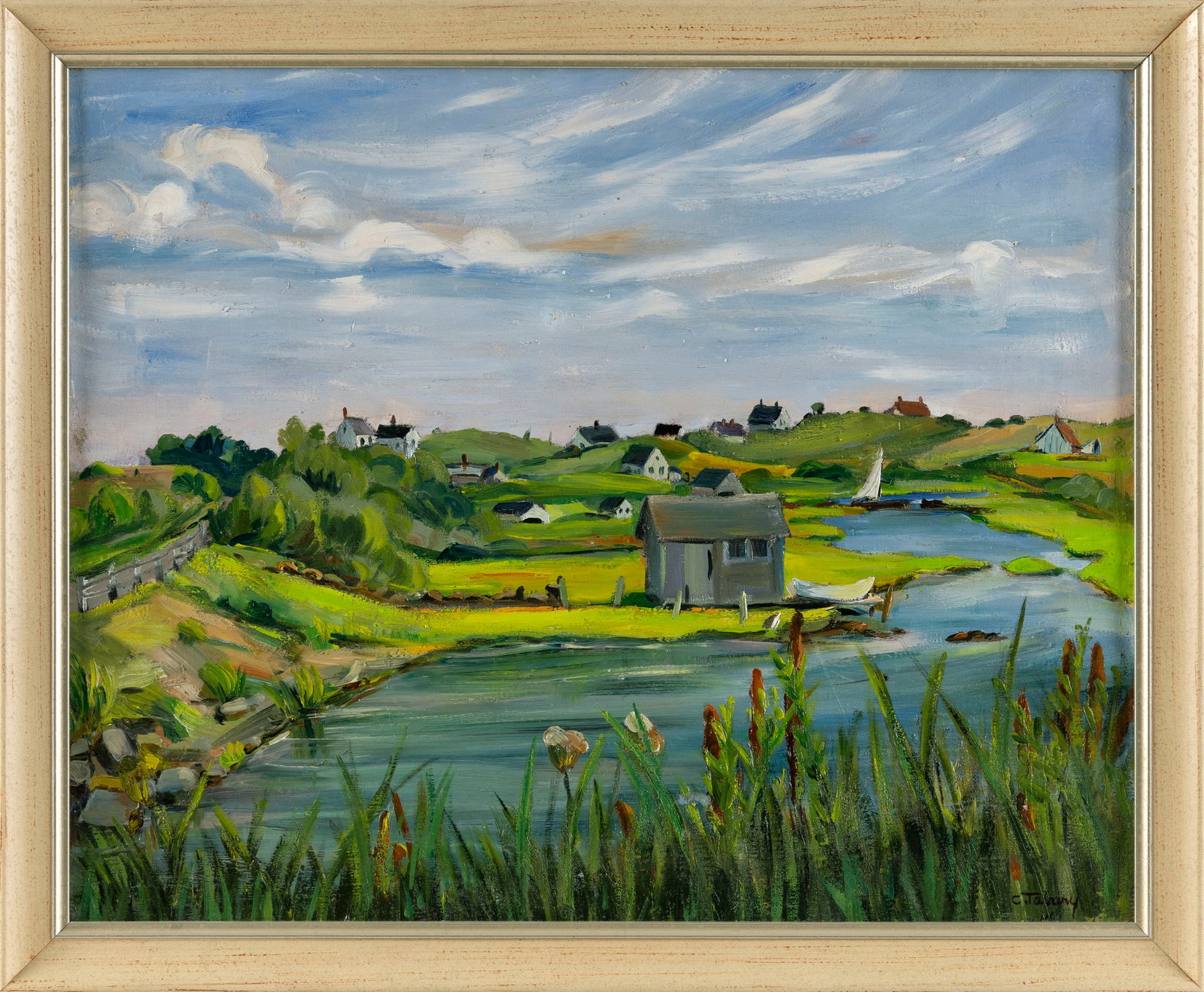 CELINE MARIE TABARY (France, 1908-1993), "Chilmark Pond"., Oil on canvas, 17.75" x 22.25". Framed: CELINE MARIE TABARY France, 1908-1993 "Chilmark Pond". Signed and dated "C. Tabary '46" lower right. Signed, titled, dated and inscribed "1220 Quitsa St. NE" and "Washington DC" in ink along the stret