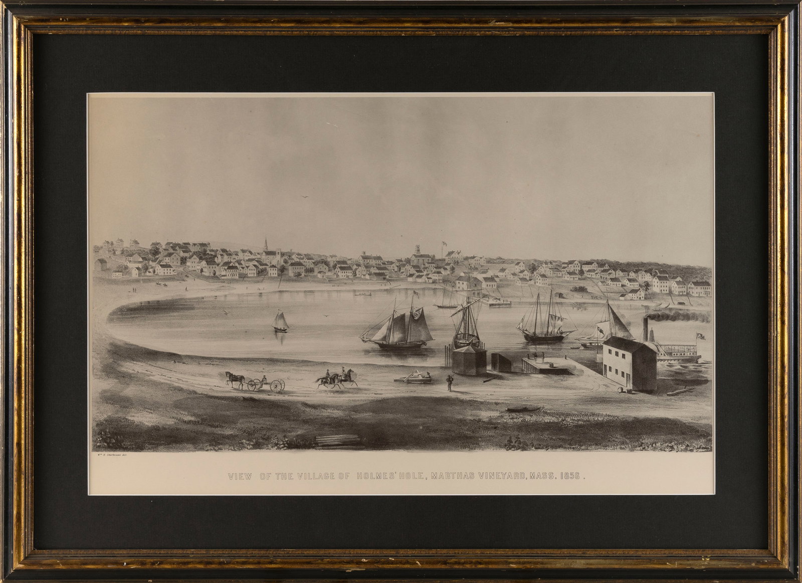 LITHOGRAPH "VIEW OF THE VILLAGE OF HOLMES' HOLE, MARTHA'S VINEYARD, MASS, 1836." 17.5" x 28". Framed: LITHOGRAPH "VIEW OF THE VILLAGE OF HOLMES' HOLE, MARTHA'S VINEYARD, MASS, 1836." Printed by J.H. Bufford. 17.5" x 28". Framed 28.25" x 36.25".