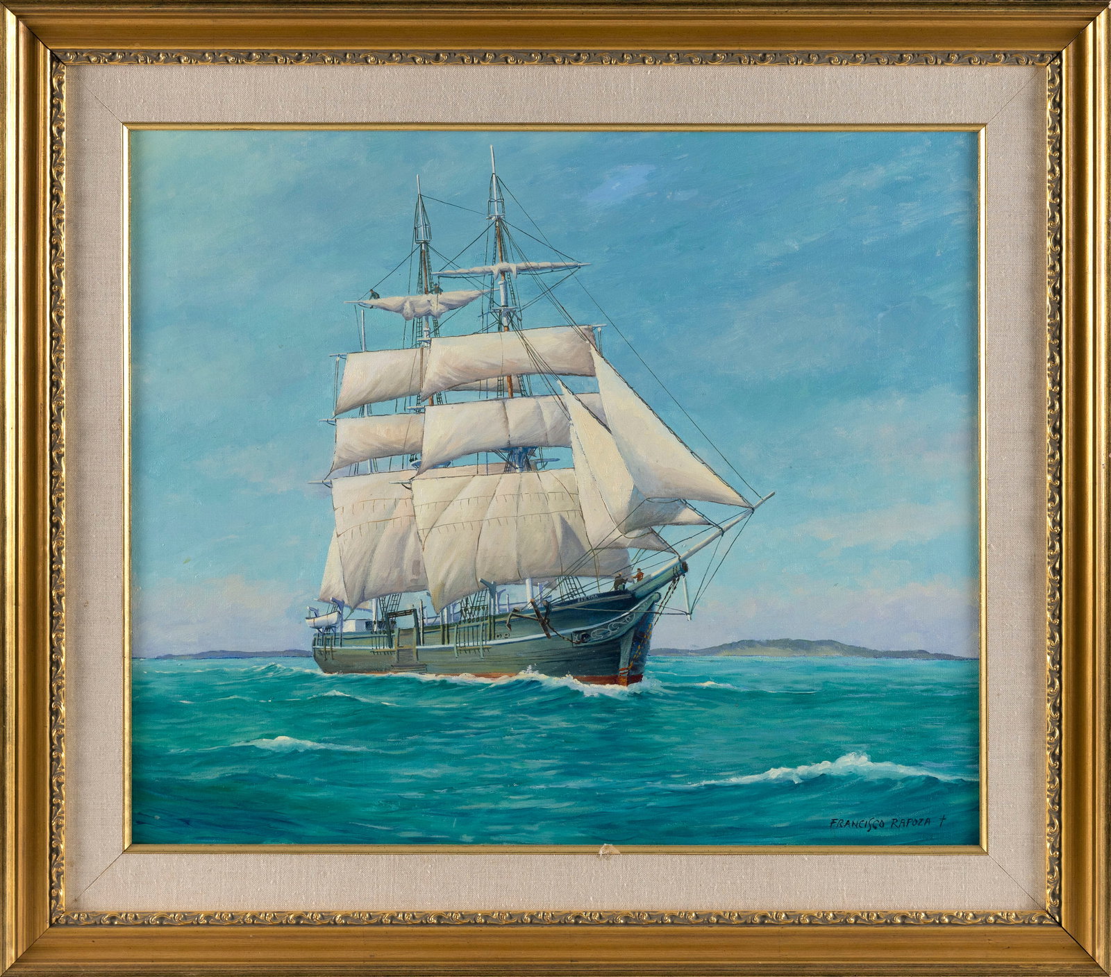 FRANCISCO RAPOZA (Massachusetts, 1911-1983), "Bark Bertha off Cuttyhunk"., Oil on canvas, 20" x 24". (1 of 2)