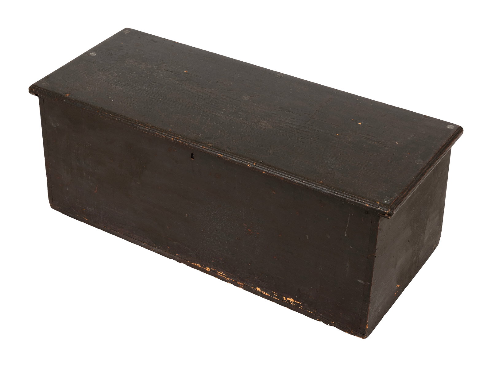BLACK-PAINTED PINE SEA CHEST 18th Century Height 16". Width 44". Depth 19".: BLACK-PAINTED PINE SEA CHEST 18th Century Height 16". Width 44". Depth 19".