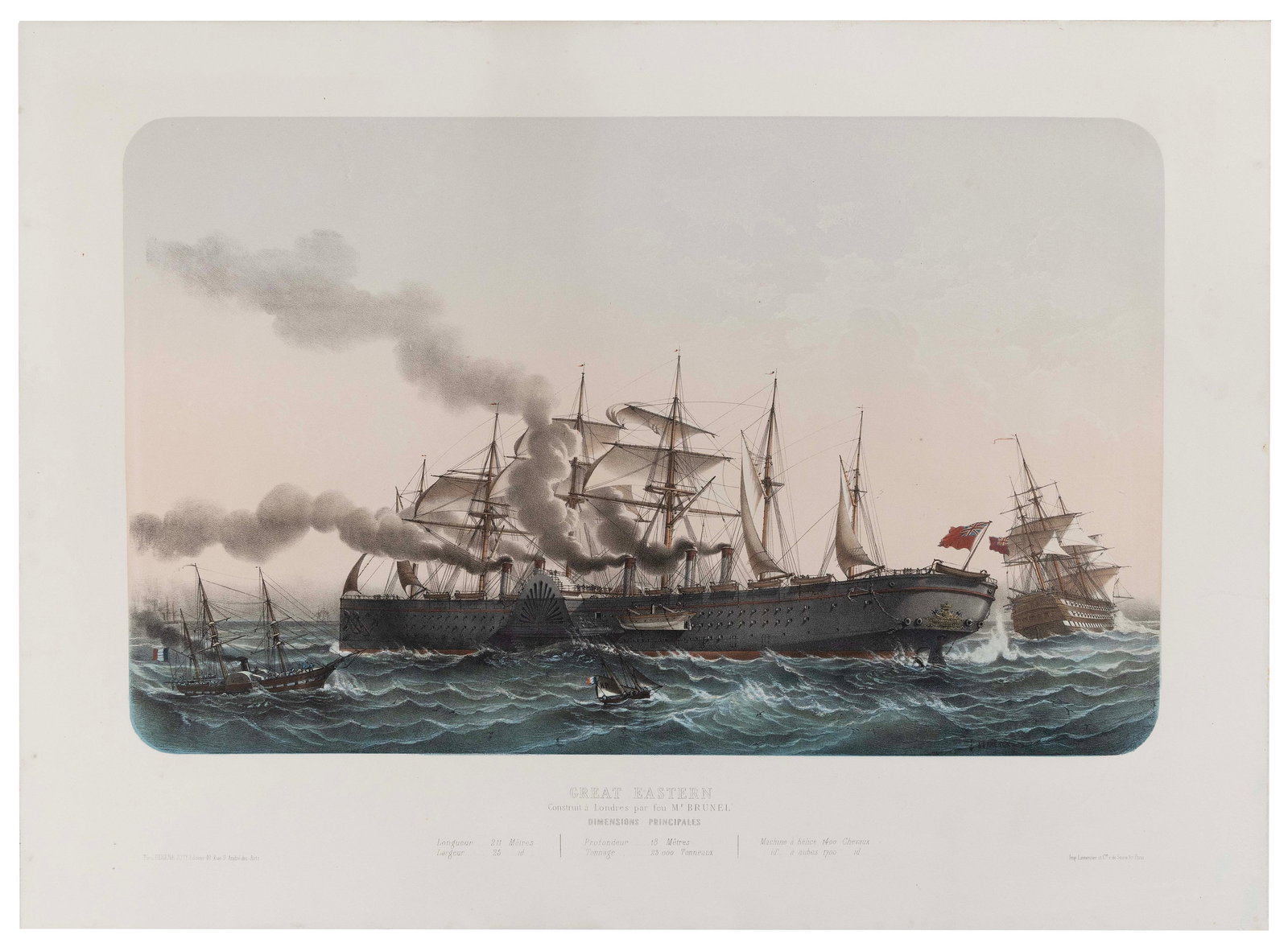HAND-COLORED LITHOGRAPH "GREAT EASTERN CONSTRUIT A LONDRES PAR FEU MR. BRUNEL" 19th Century 14.375" (1 of 1)