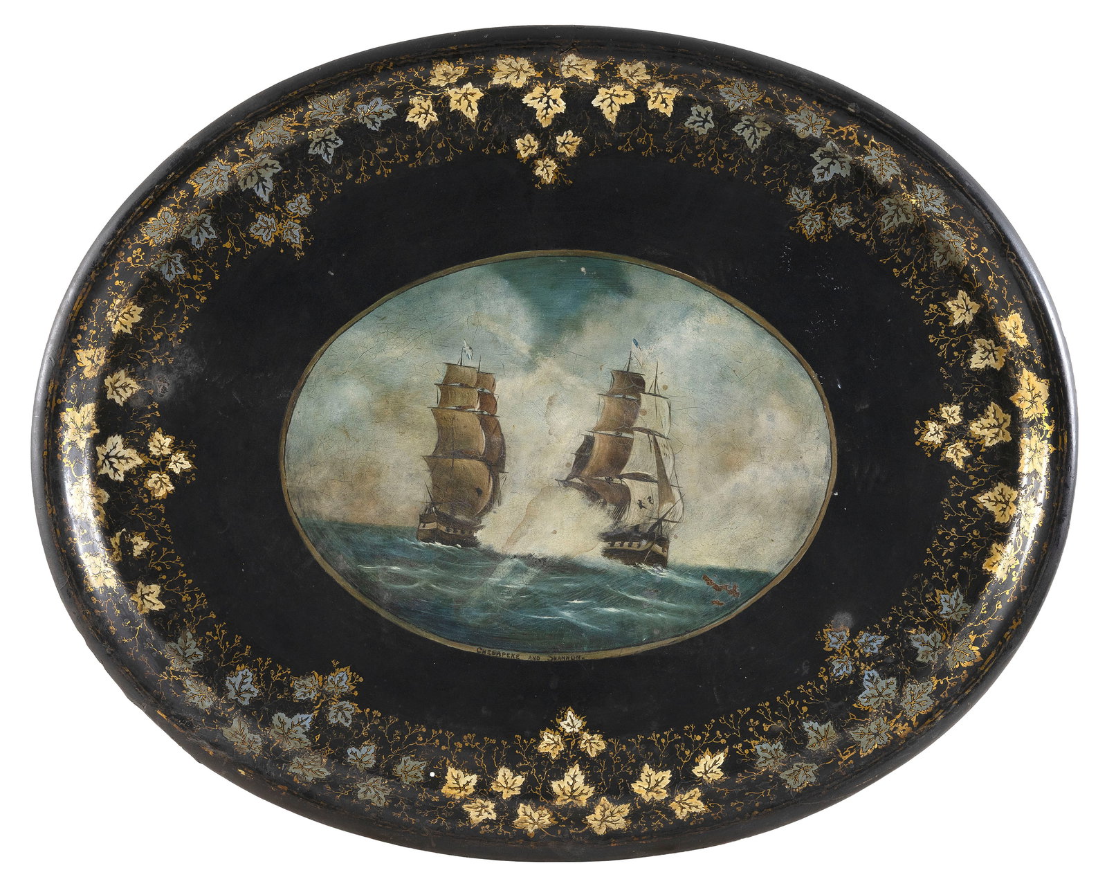 LACQUER TRAY WITH DECORATION OF A NAVAL BATTLE Late 19th Century 29" x 23". (1 of 2)