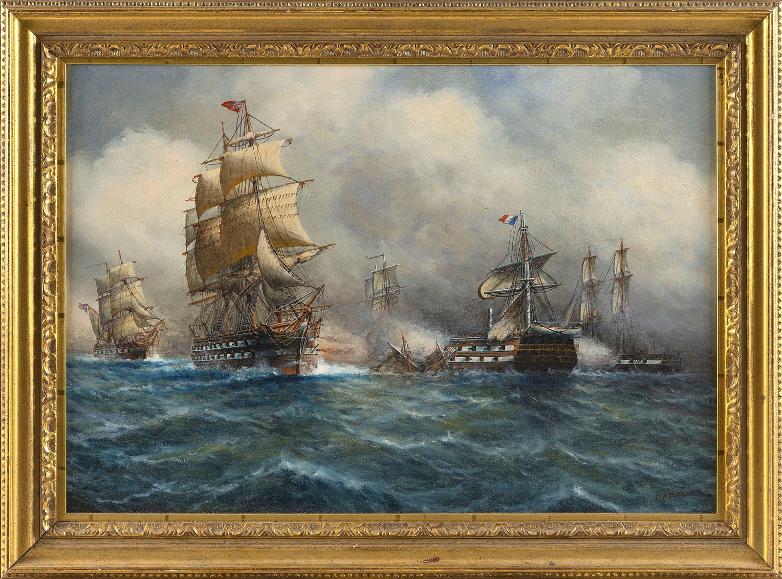LOUIS PAPALUCA THE YOUNGER (Italy, 20th Century), Naval battle., Oil on canvas, 18" x 26". Framed (1 of 2)