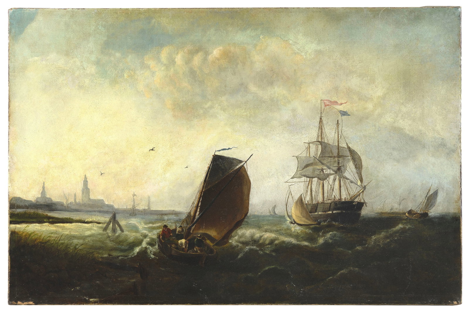 ENGLISH SCHOOL (19th Century,), Ships at sea., Oil on canvas, 18" x 27.5". Unframed. (1 of 2)