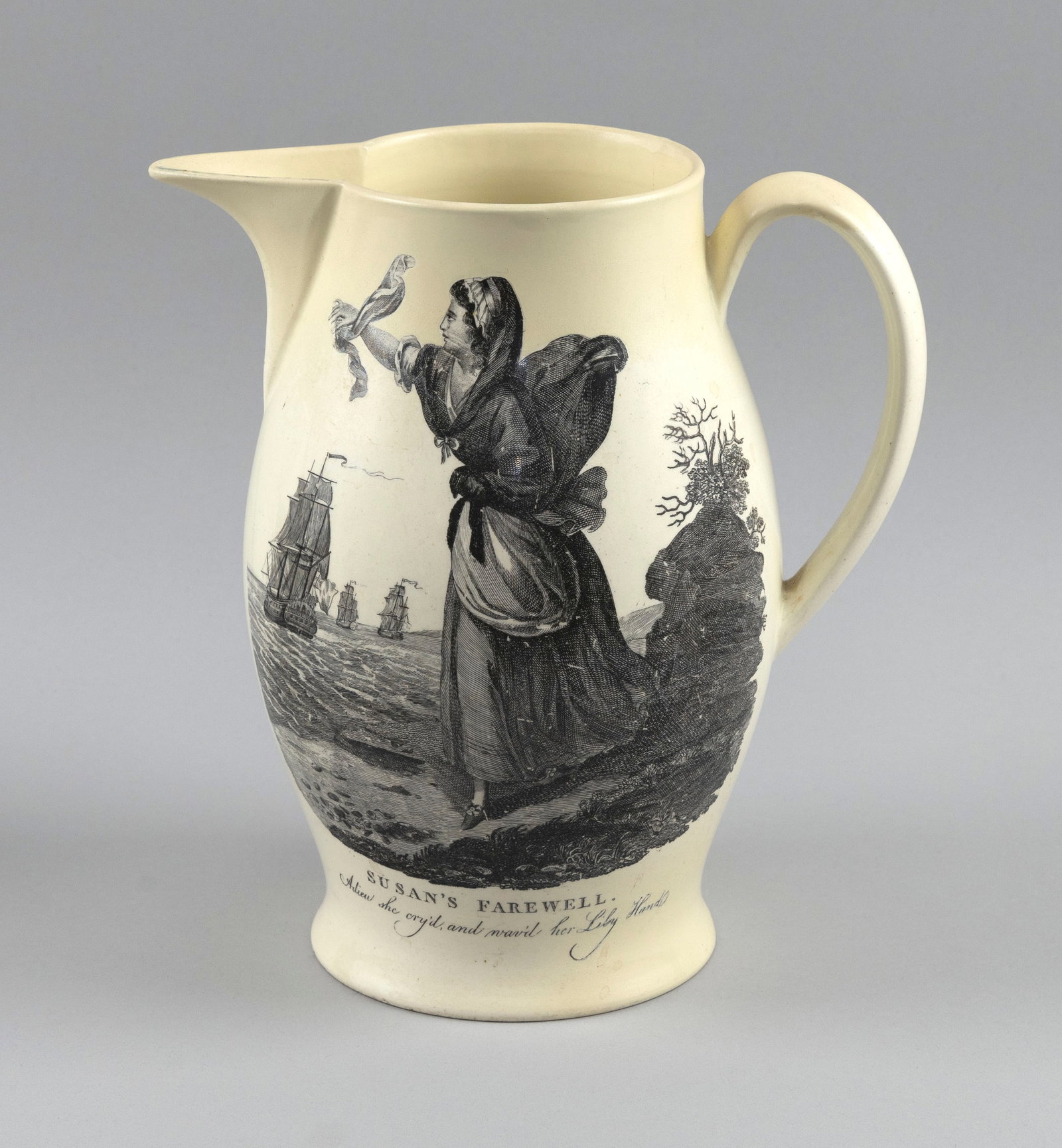 LIVERPOOL CREAMWARE PITCHER WITH MARITIME TRANSFER DECORATION 19th Century Height 9.75". (1 of 5)