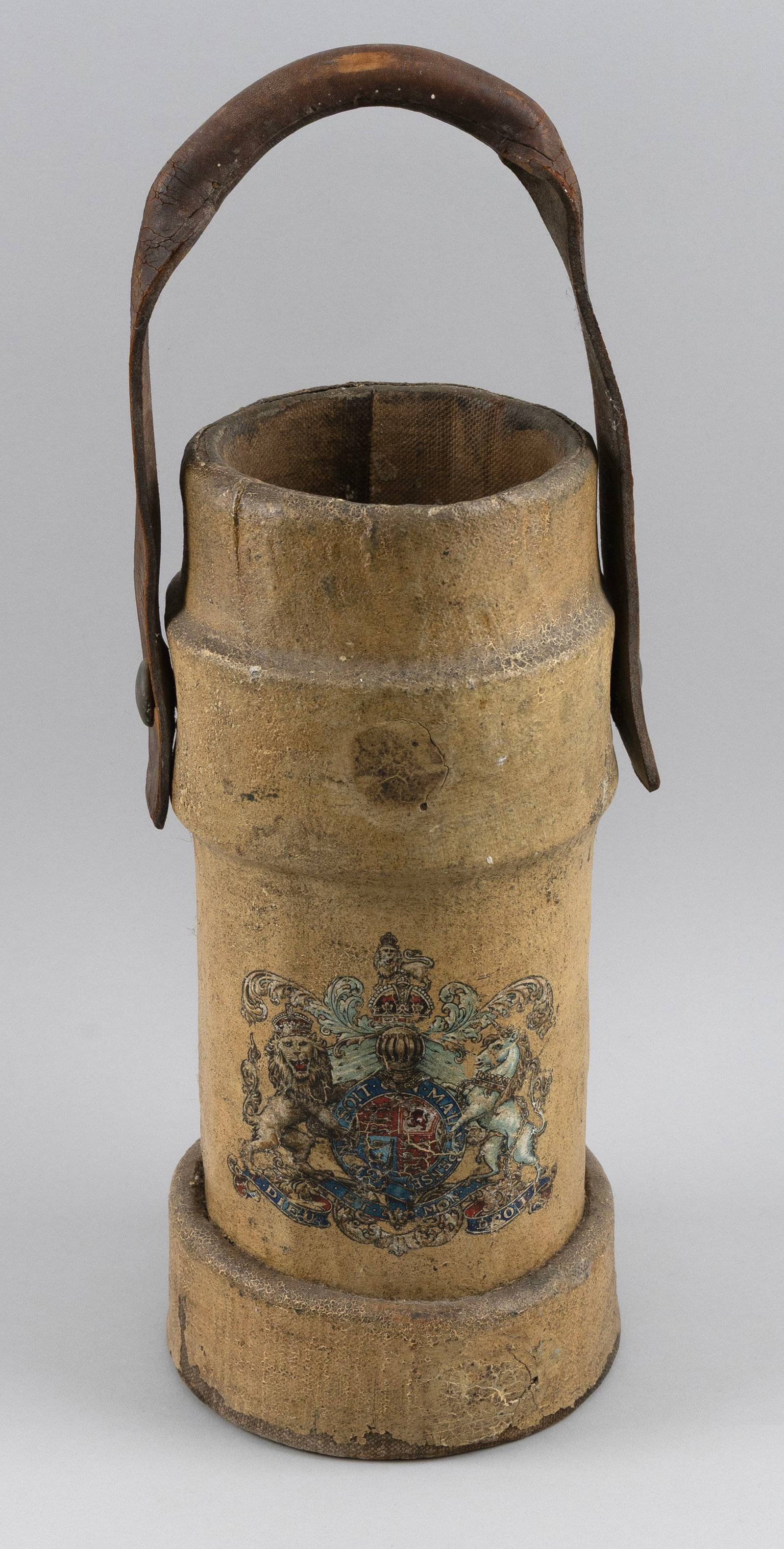 LEATHER POWDER BUCKET FOR A BRITISH SHIP'S CANNON Late 18th/Early 19th Century Height 13". (1 of 4)