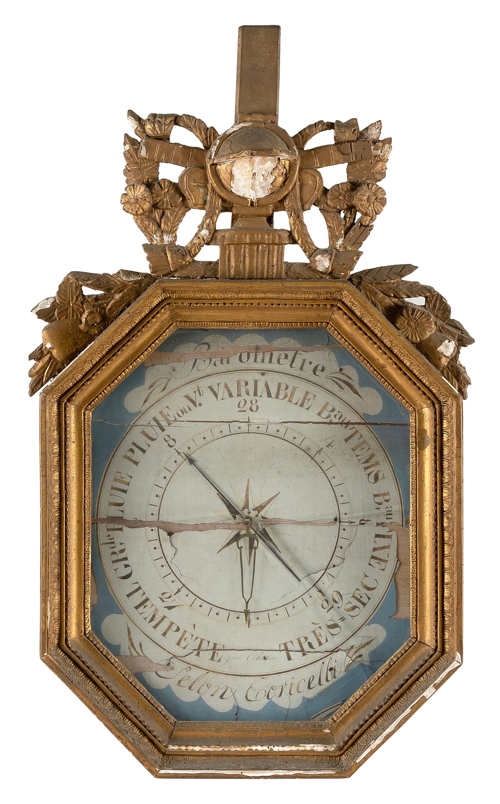 EARLY FRENCH BAROMETER Late 18th/Early 19th Century Height 32.75". Width 19.5".: EARLY FRENCH BAROMETER Late 18th/Early 19th Century Decorative gold-painted wood frame. Height 32.75". Width 19.5".