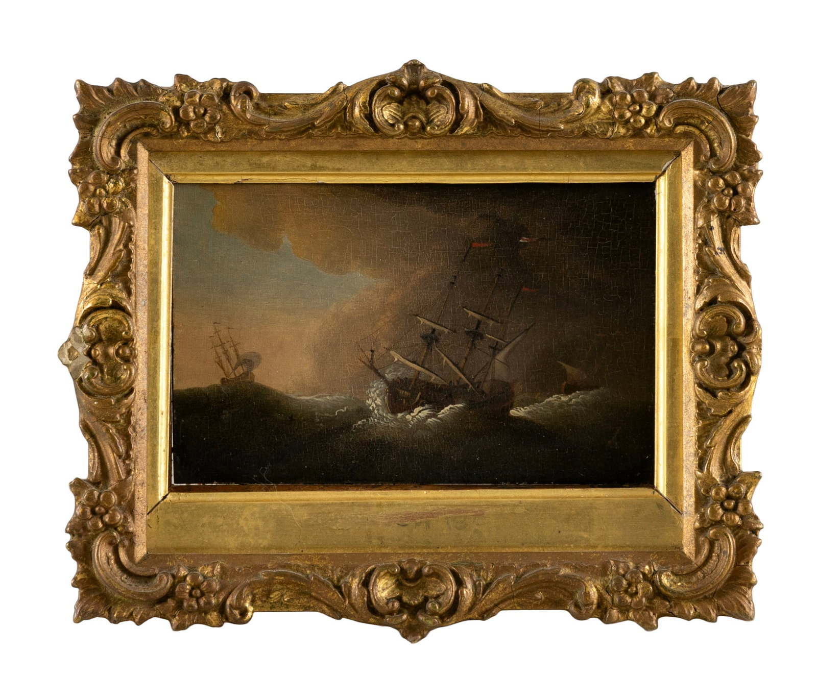 CONTINENTAL SCHOOL (19th Century,), Ships in heavy seas., Oil on panel, 4.5" x 6.5". Framed 7.5" x (1 of 2)