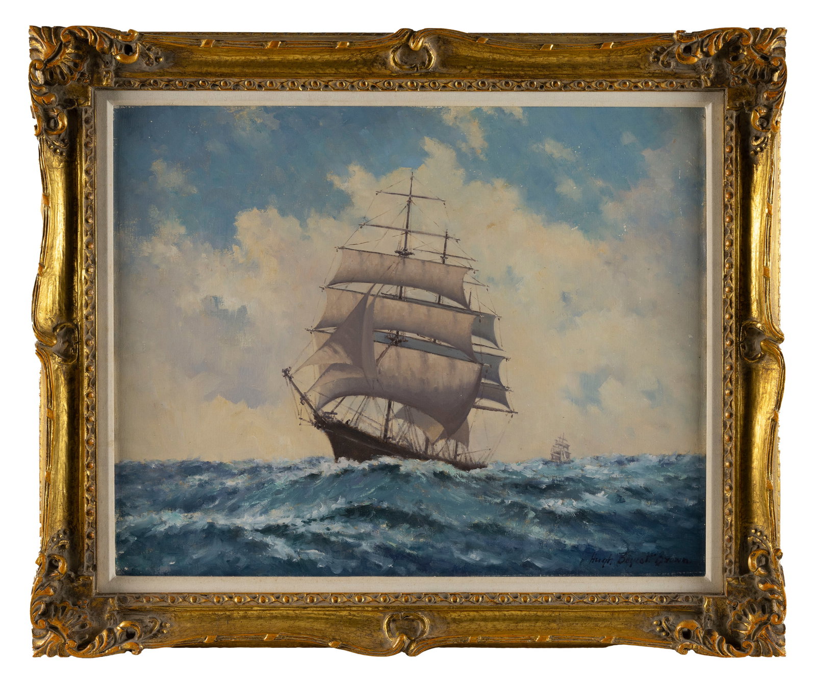 HUGH BOYCOTT BROWN (United Kingdom, 1909-1990), "Square Rigger in Stormy Weather"., Oil on canvas,: HUGH BOYCOTT BROWN United Kingdom, 1909-1990 "Square Rigger in Stormy Weather". Signed lower right "Hugh Boycott Brown". Titled verso. Oil on canvas, 24" x 30". Framed 31" x 37".